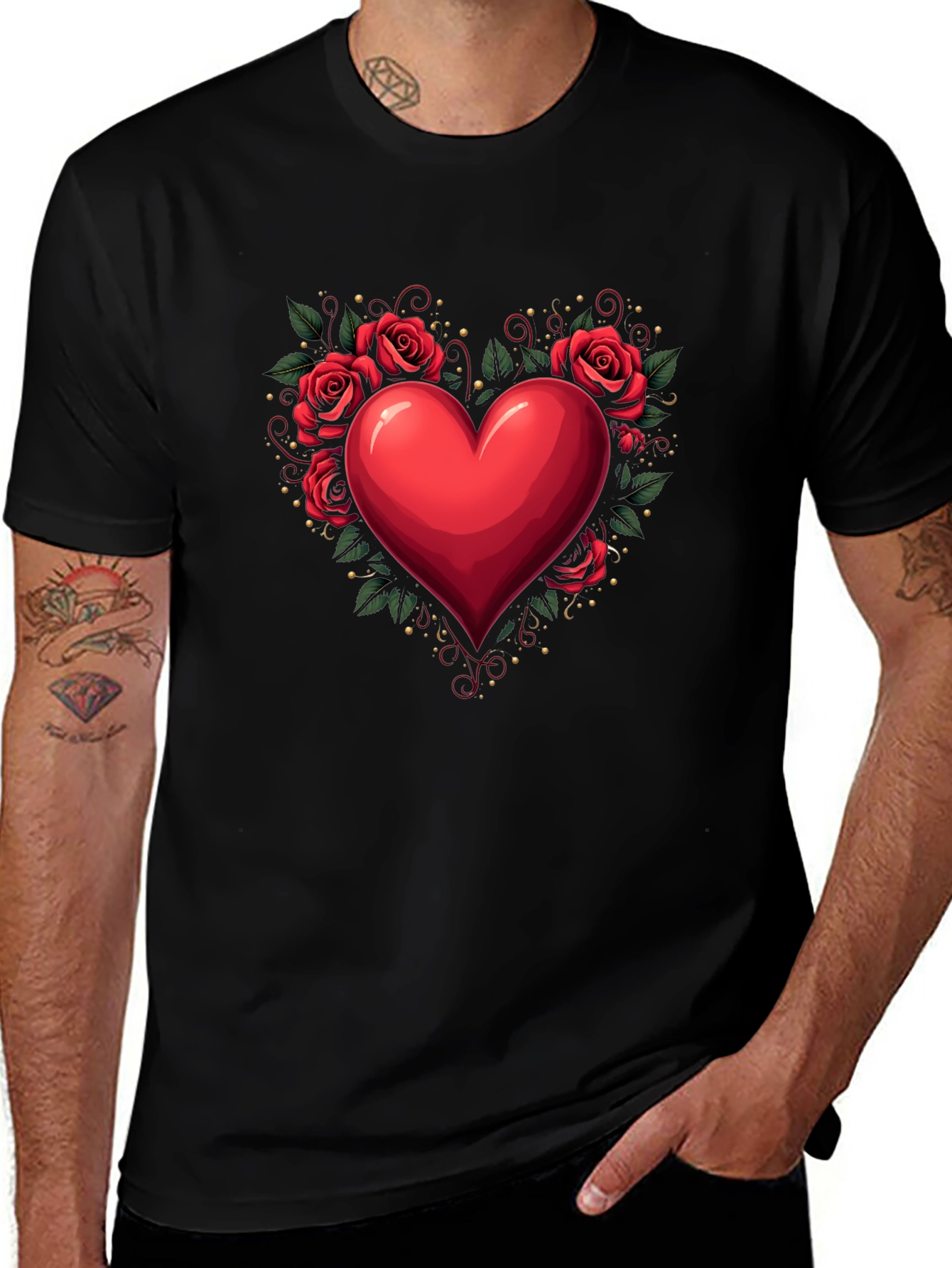 Heart & Roses Graphic Tee - Romantic Black T-Shirt