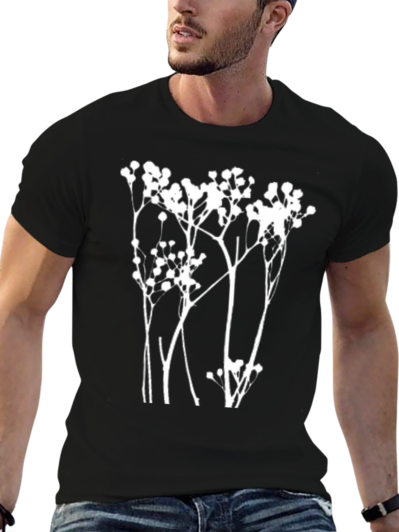 Modern Botanical Print Black T-Shirt