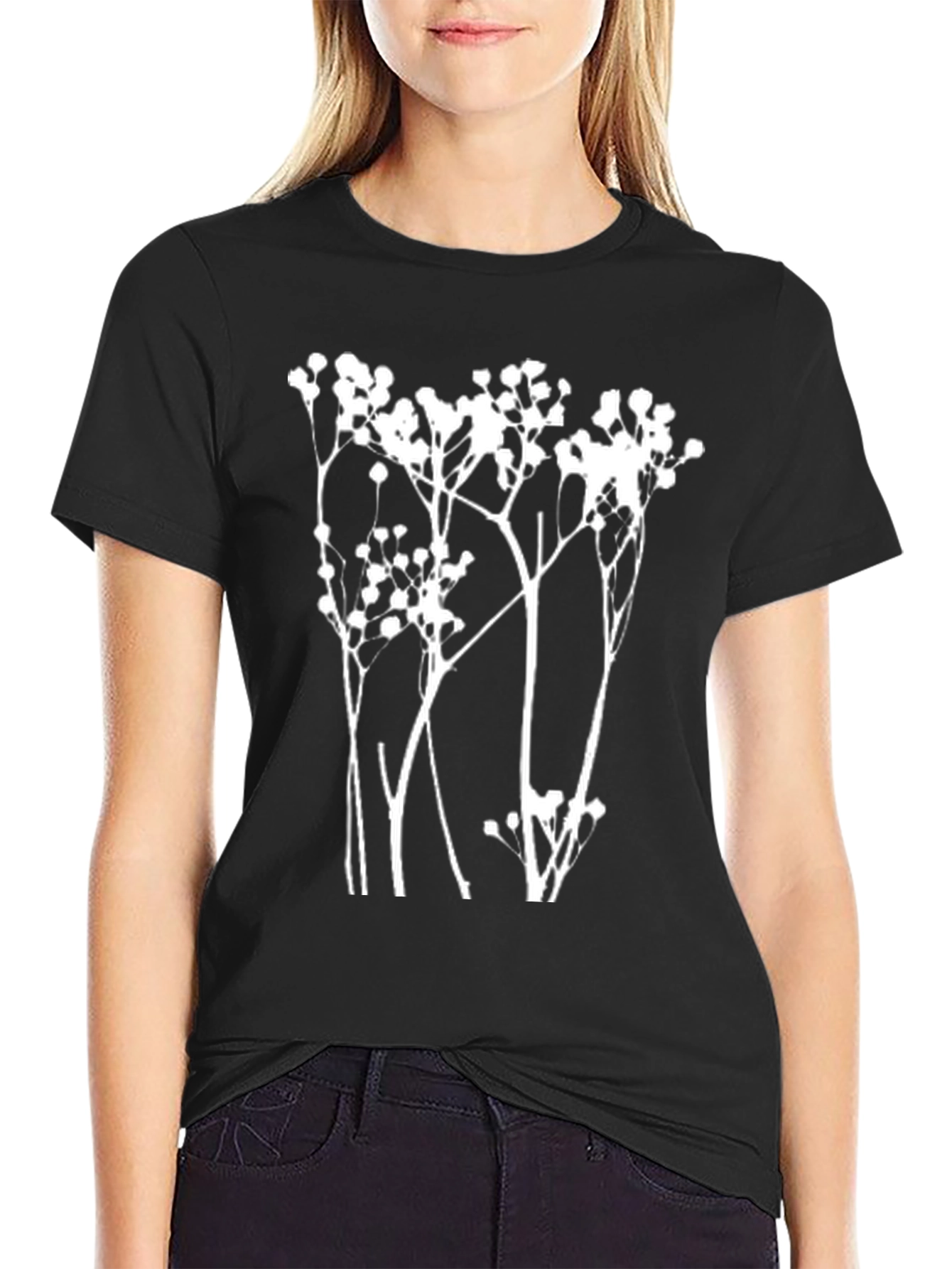 Modern Botanical Print Black T-Shirt