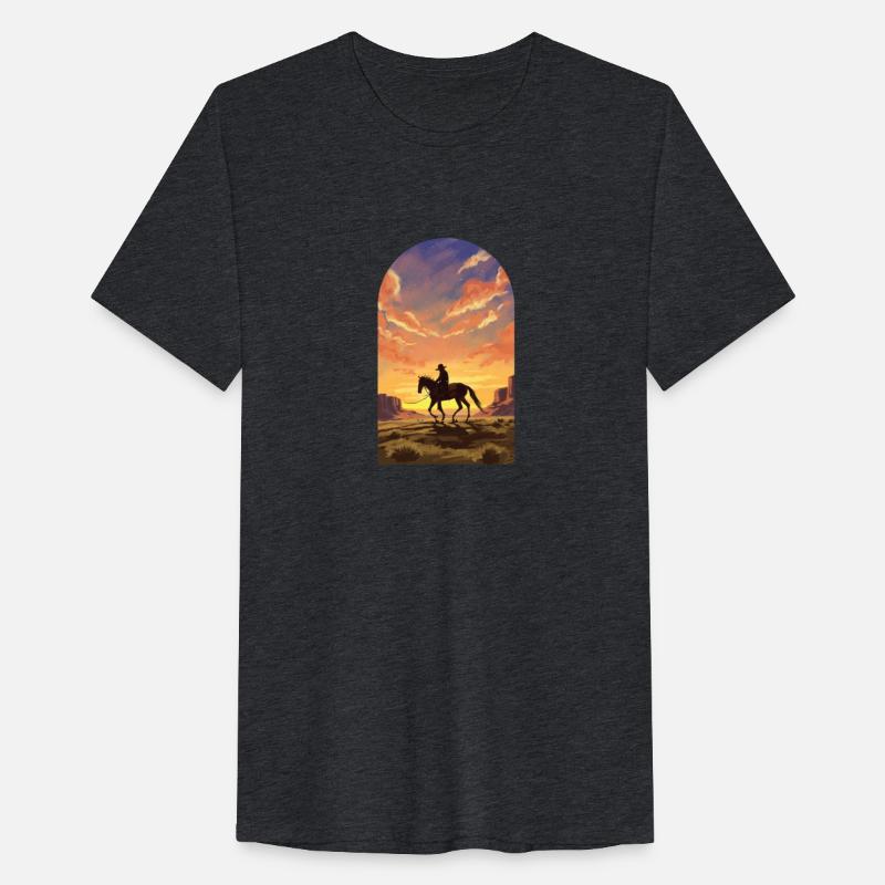 Feature a lone cowboy riding horseback
