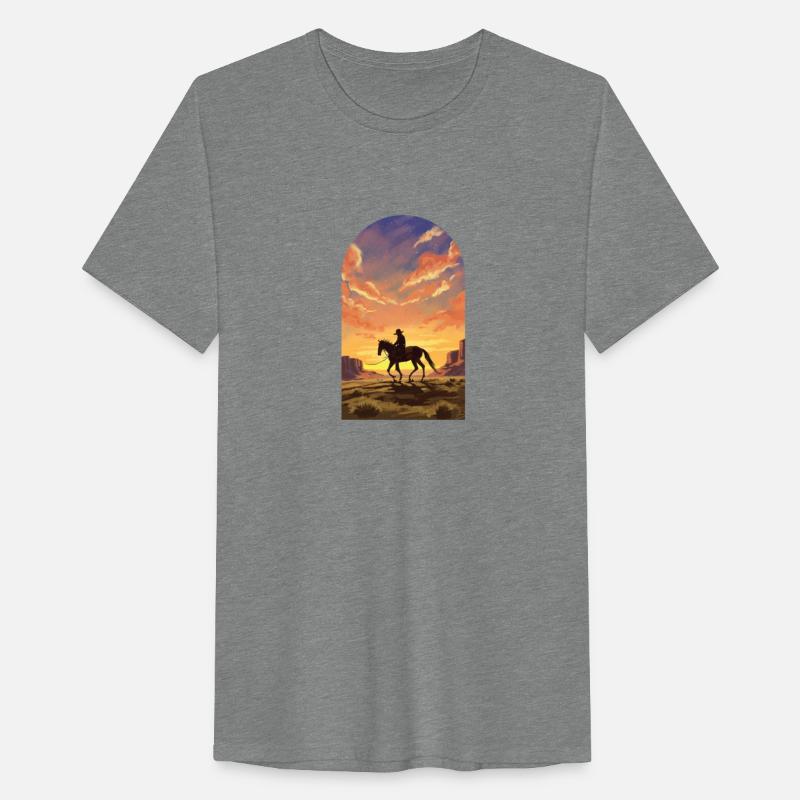 Feature a lone cowboy riding horseback