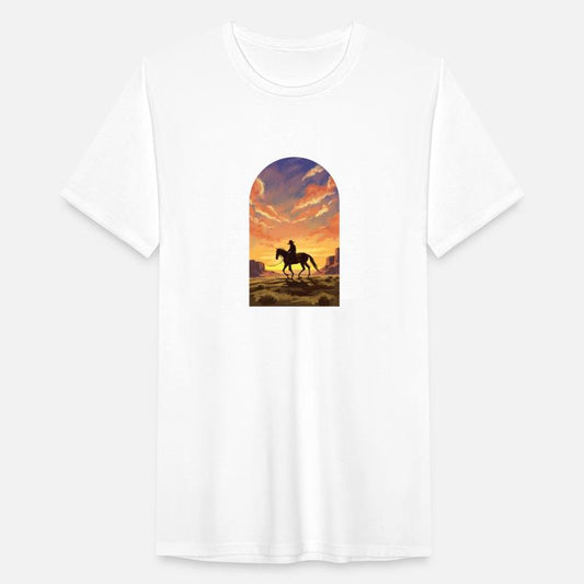 Feature a lone cowboy riding horseback