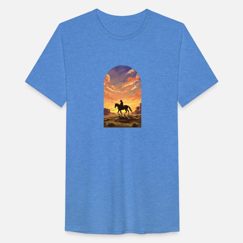 Feature a lone cowboy riding horseback