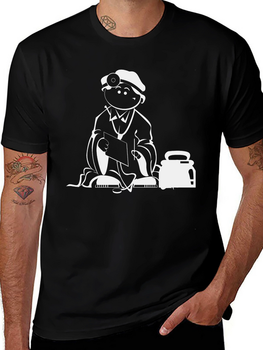 Cartoon Doctor Graphic Tee - Black Cotton Casual Shirt