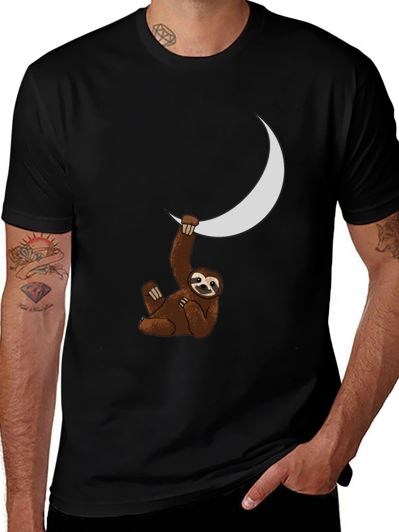 Sloth Moon Graphic Tee - Black Casual T-Shirt