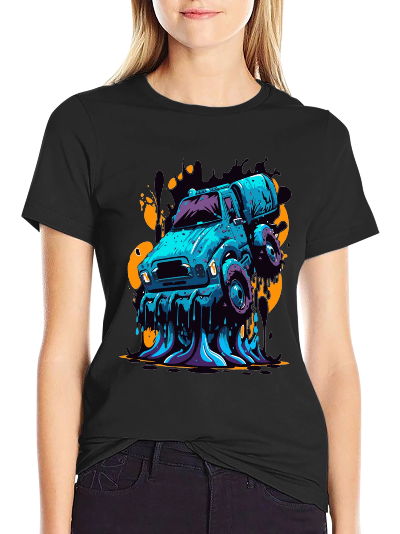 Mens Graphic Tee - Cartoon Truck Black T-Shirt