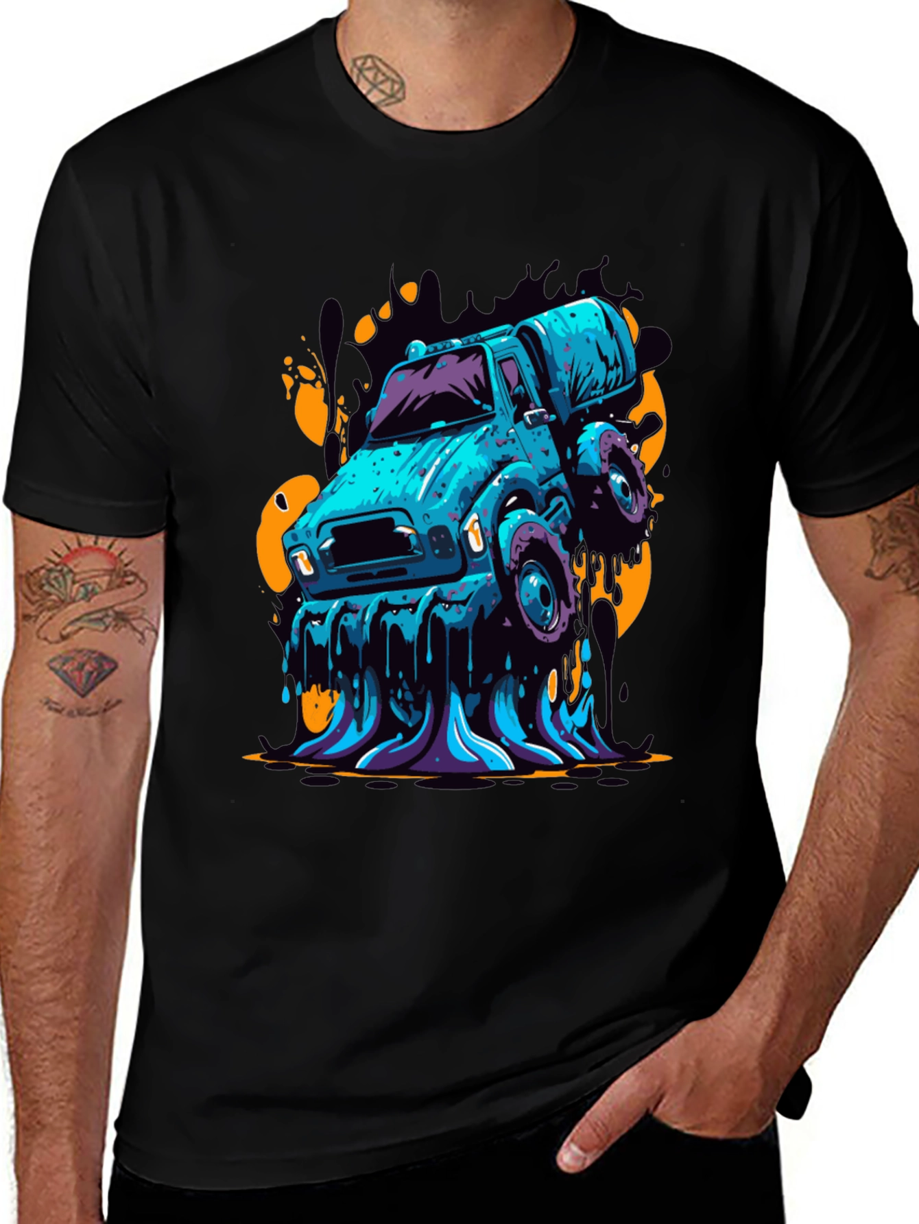 Mens Graphic Tee - Cartoon Truck Black T-Shirt