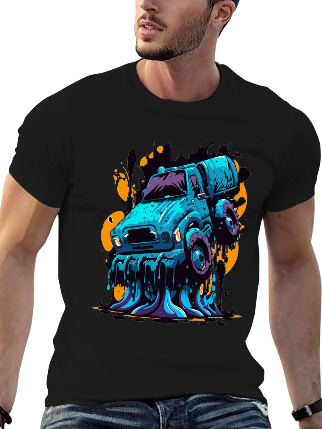 Mens Graphic Tee - Cartoon Truck Black T-Shirt