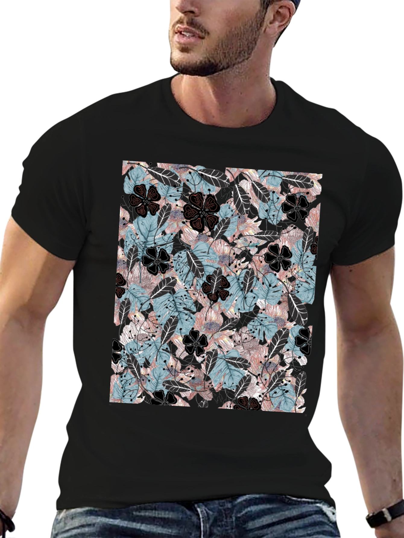 Floral Print Mens Black T-Shirt