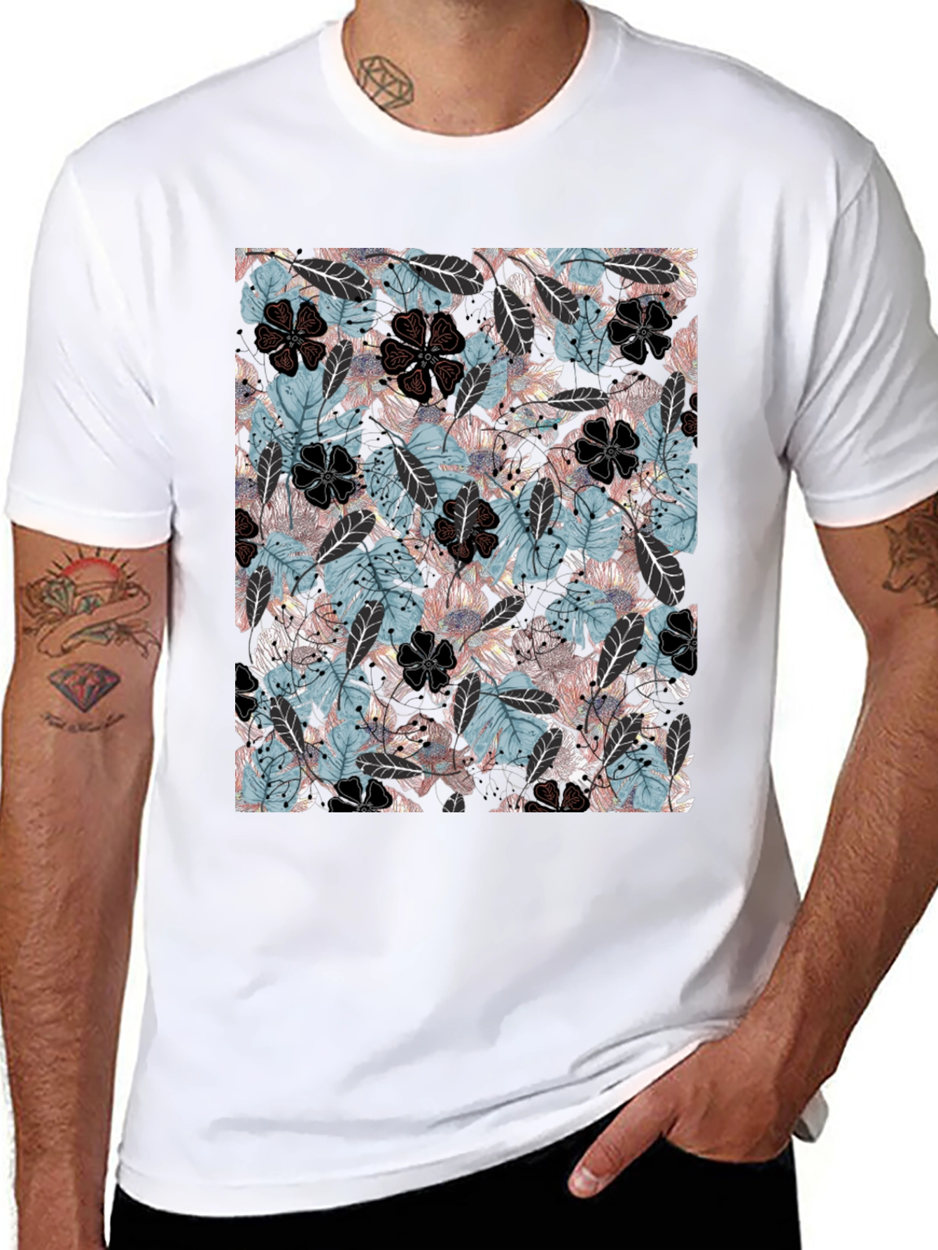 Floral Print Mens Black T-Shirt