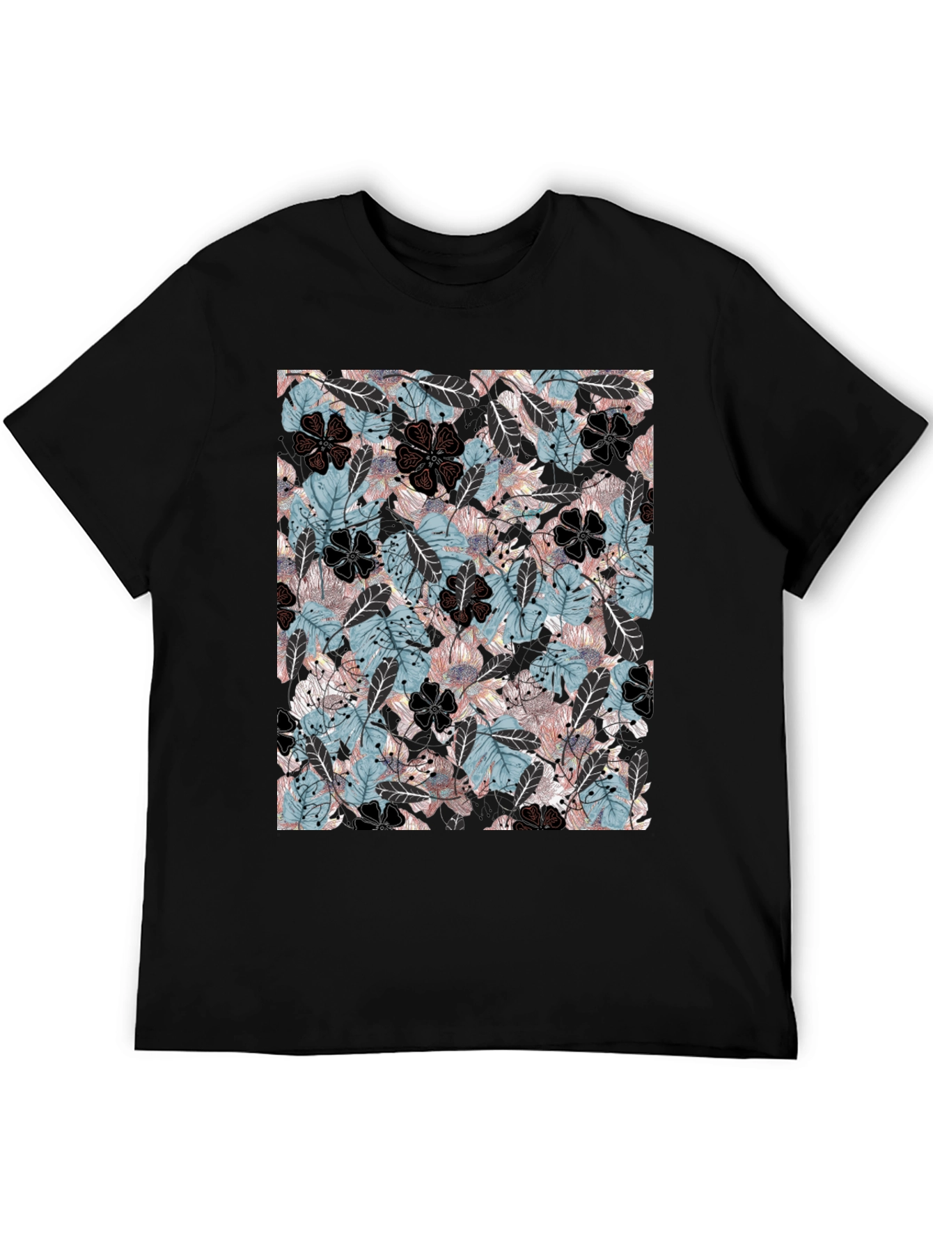 Floral Print Mens Black T-Shirt