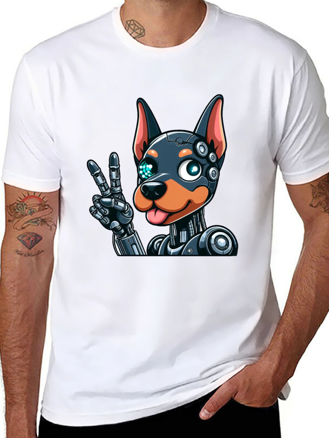 Robot Dog Graphic Tee - Black Cotton T-Shirt