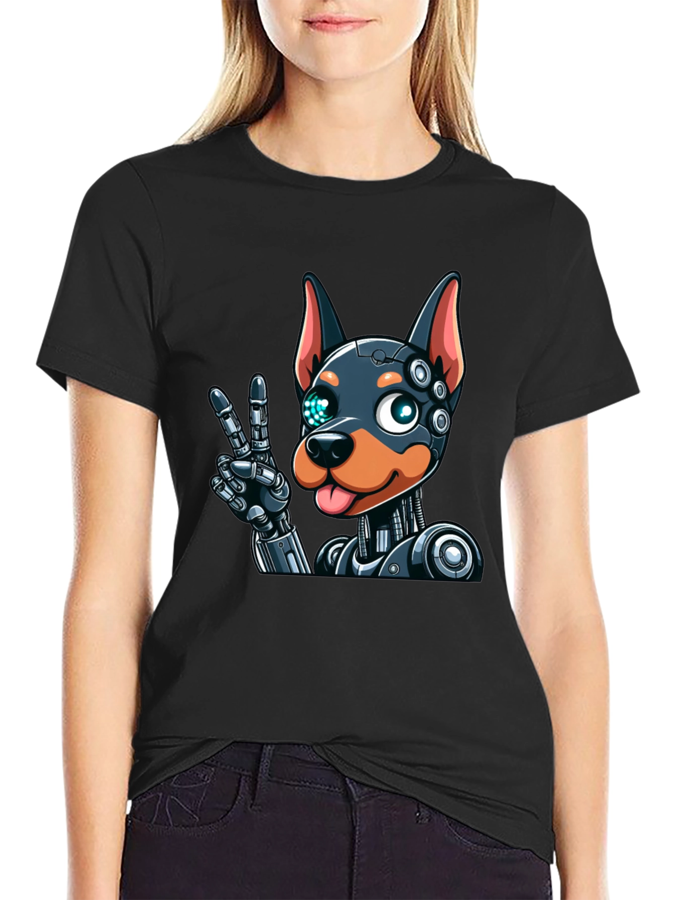 Robot Dog Graphic Tee - Black Cotton T-Shirt
