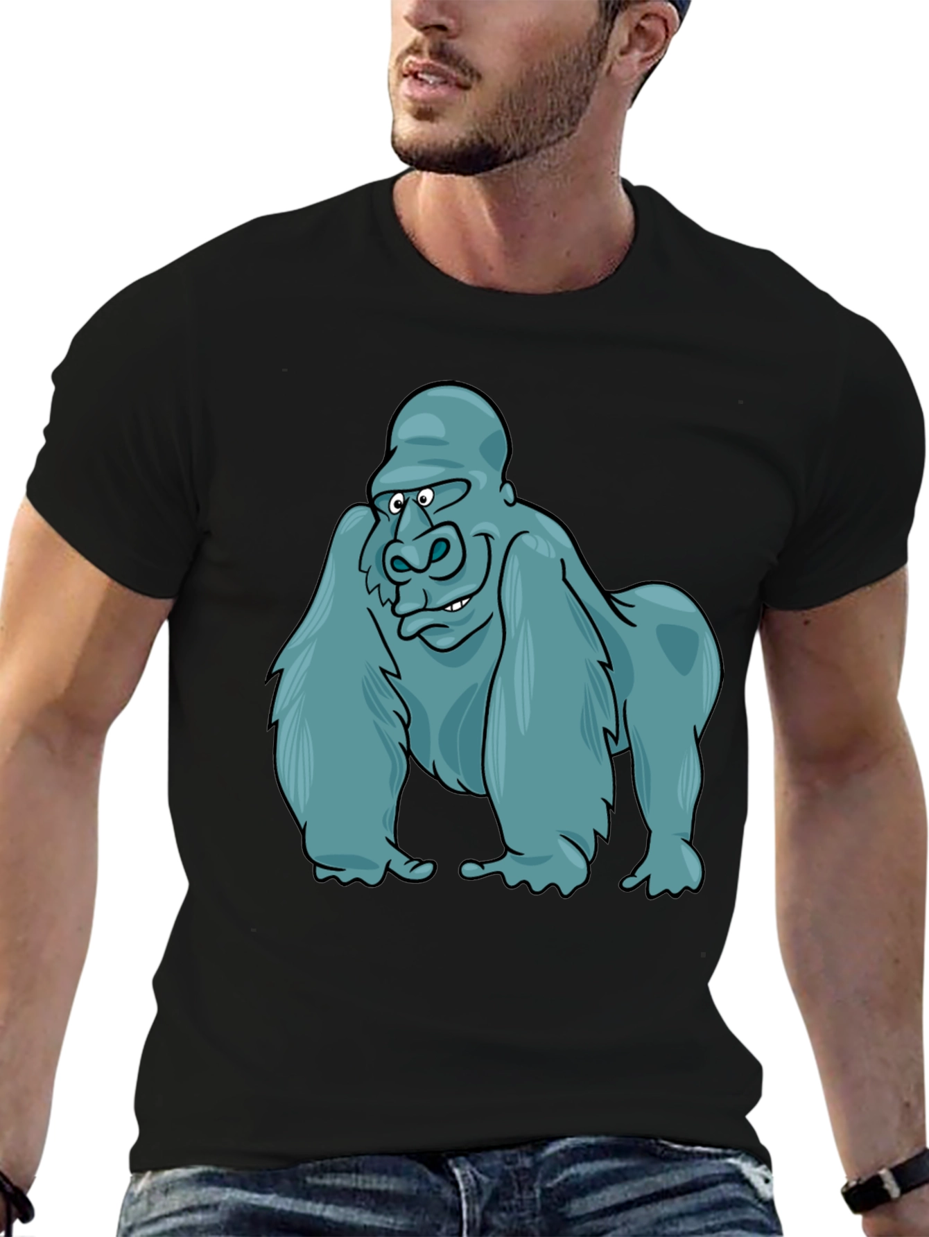 Gorilla Cartoon Print Black T-Shirt