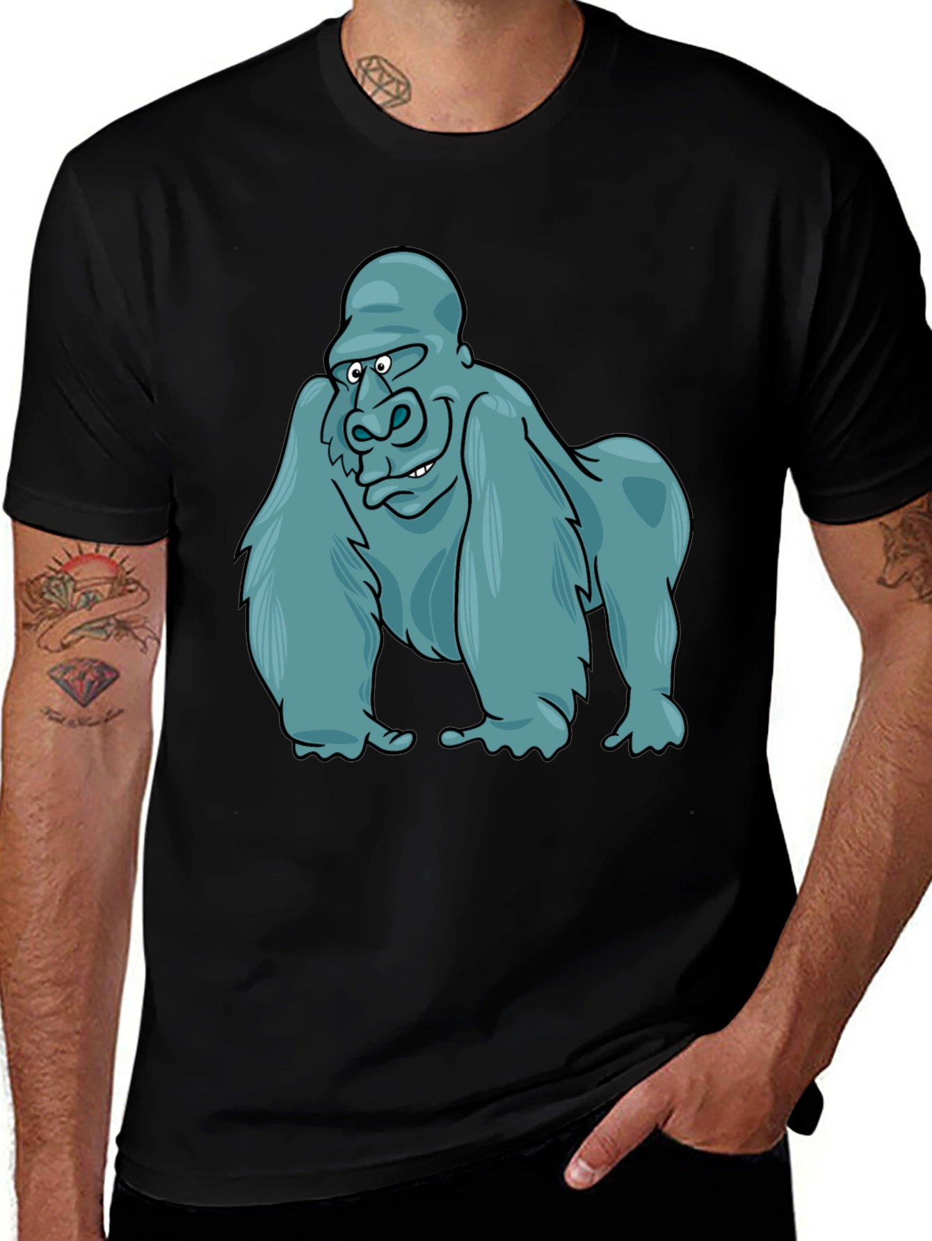 Gorilla Cartoon Print Black T-Shirt