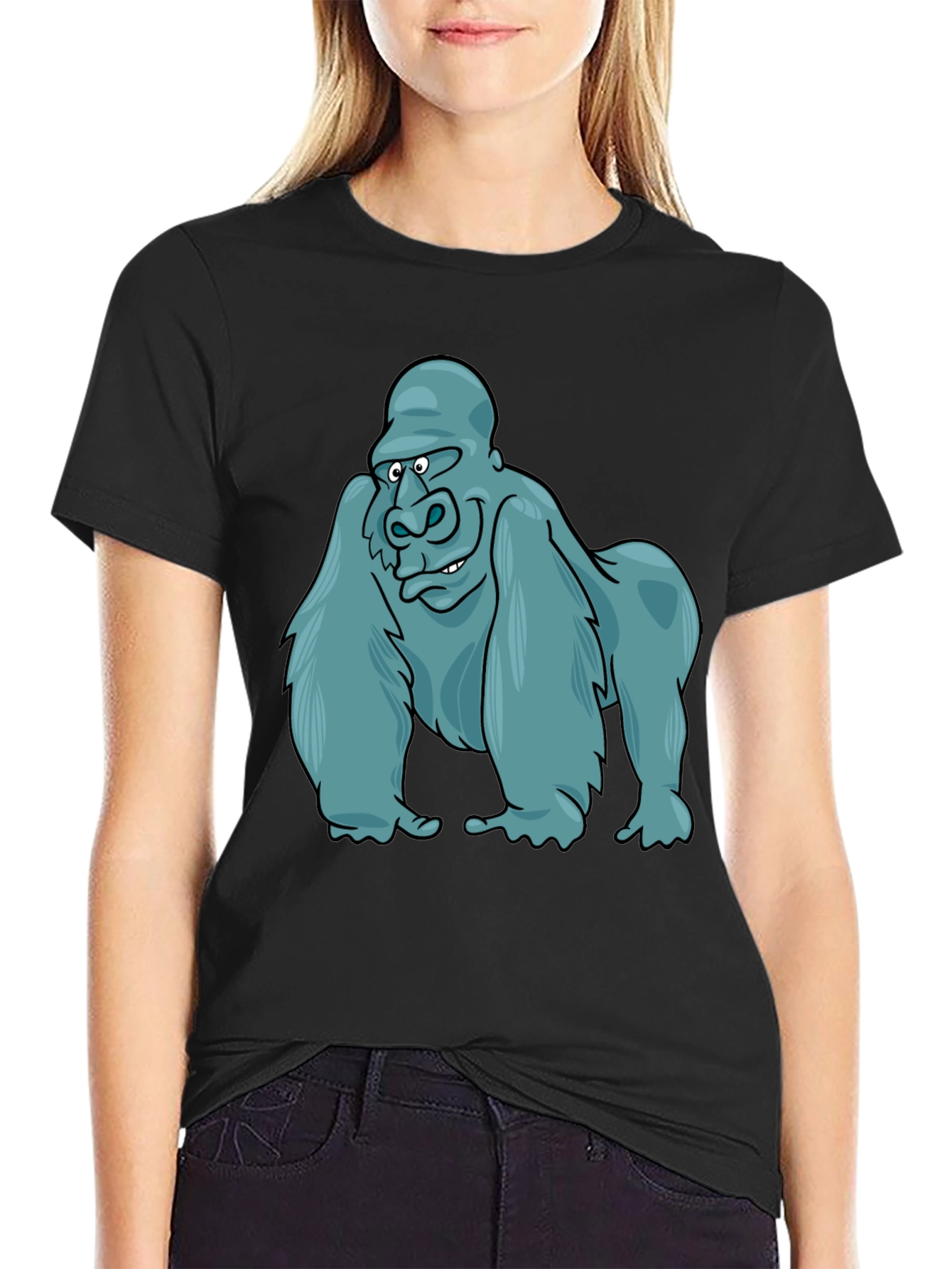 Gorilla Cartoon Print Black T-Shirt
