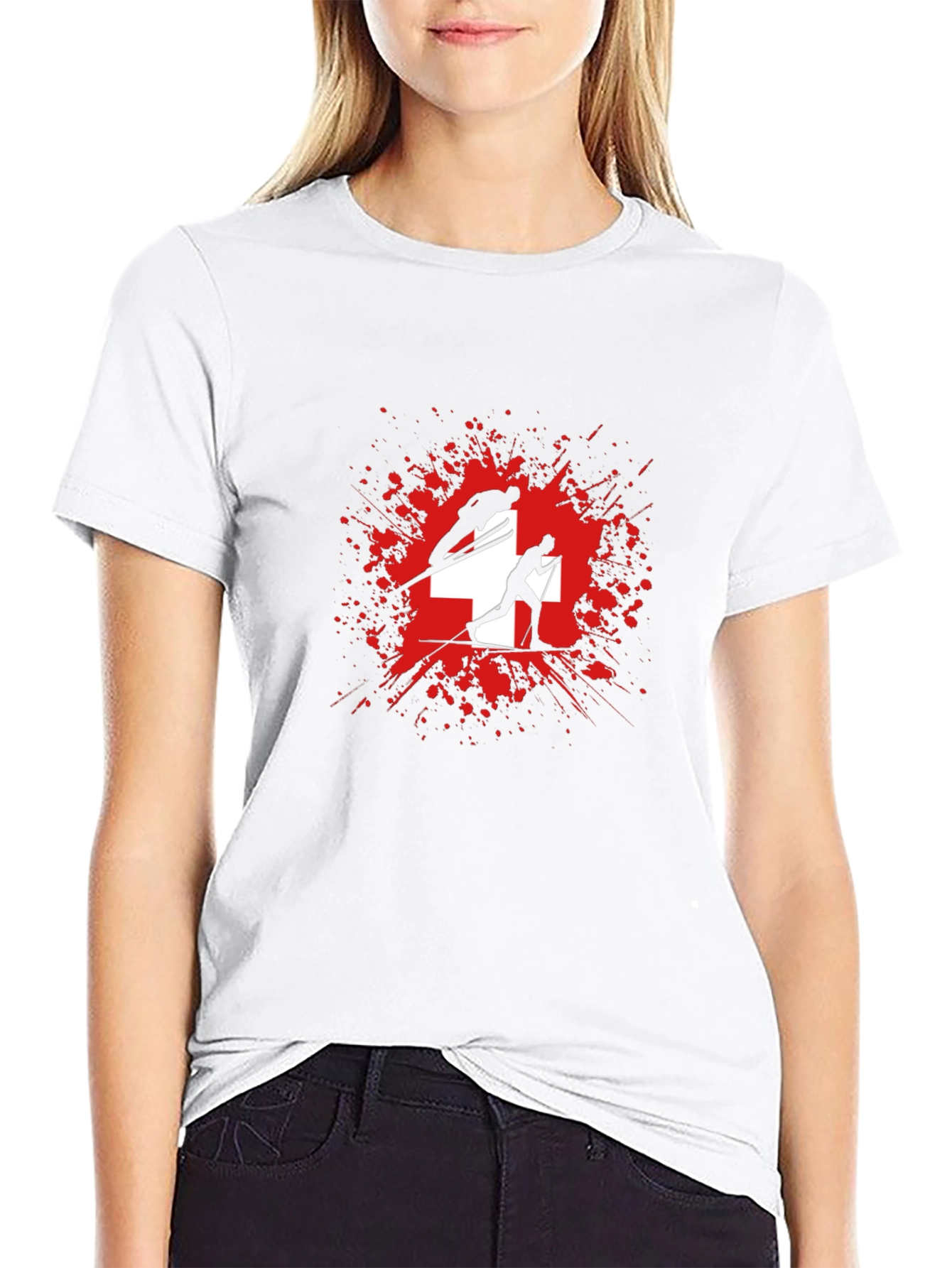 Swiss Skiing T-Shirt - Red Splash Design
