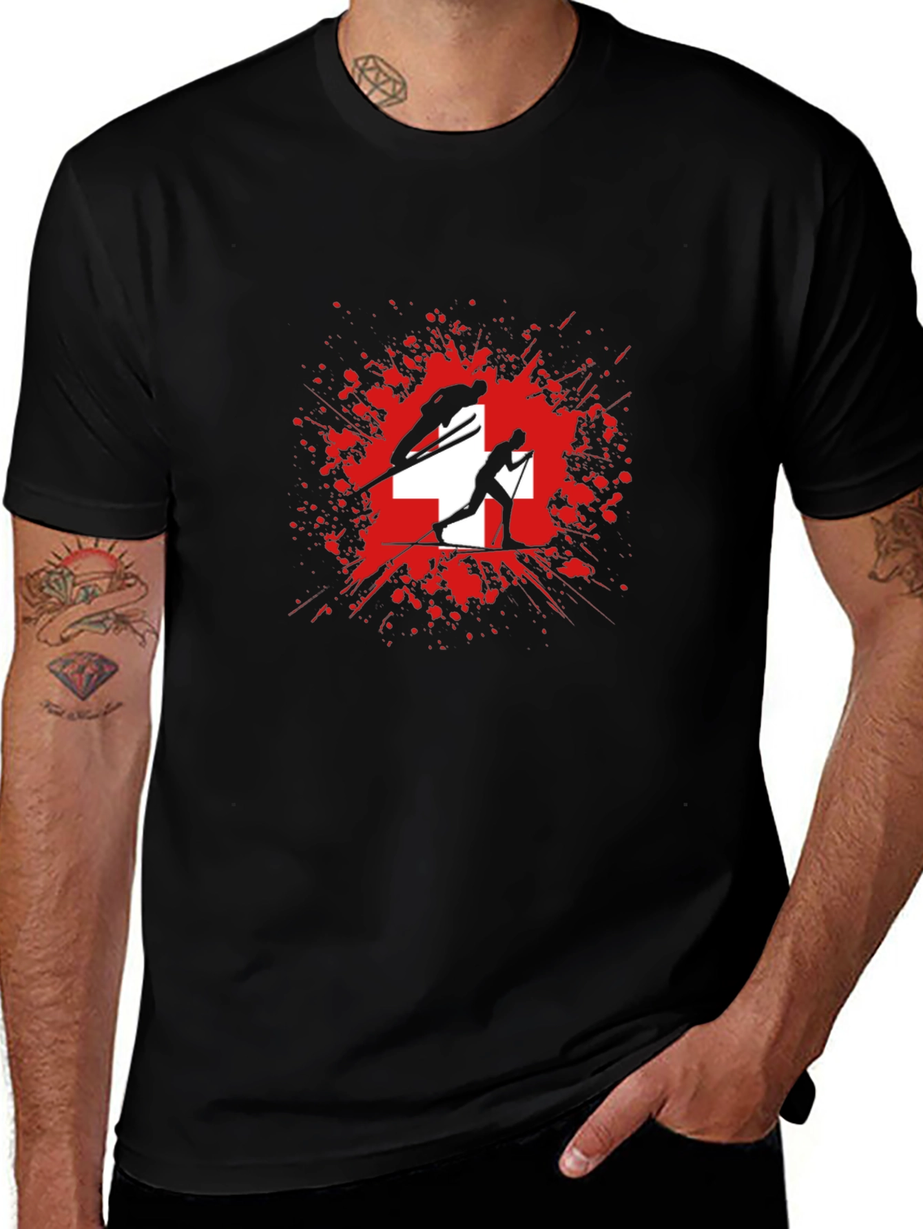 Swiss Skiing T-Shirt - Red Splash Design
