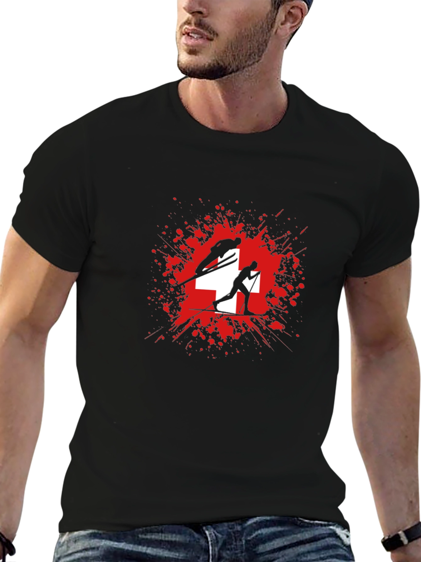 Swiss Skiing T-Shirt - Red Splash Design