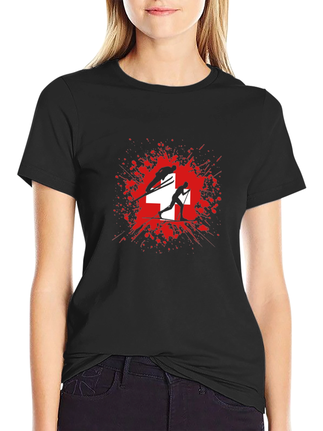 Swiss Skiing T-Shirt - Red Splash Design