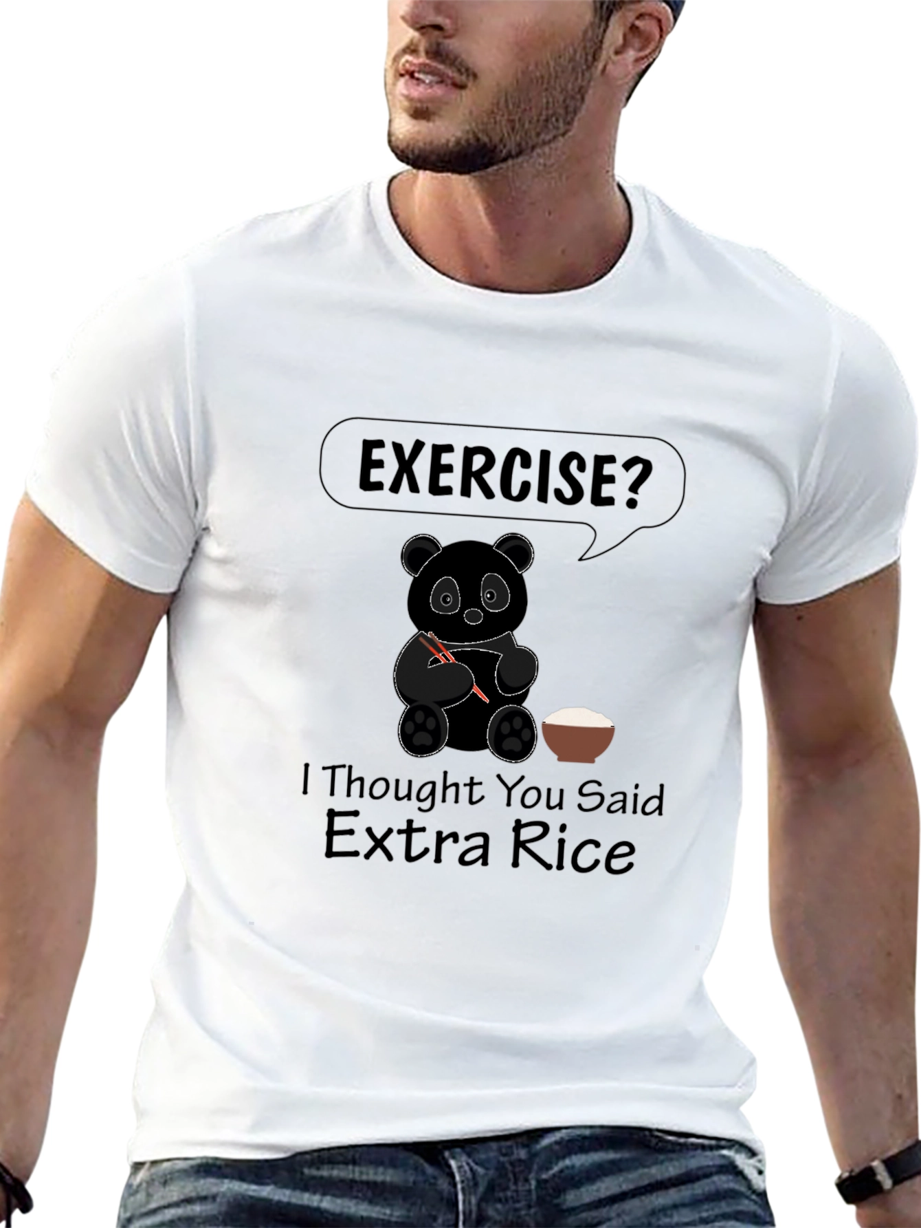 Funny Panda Exercise? Extra Rice Black Graphic T-Shirt