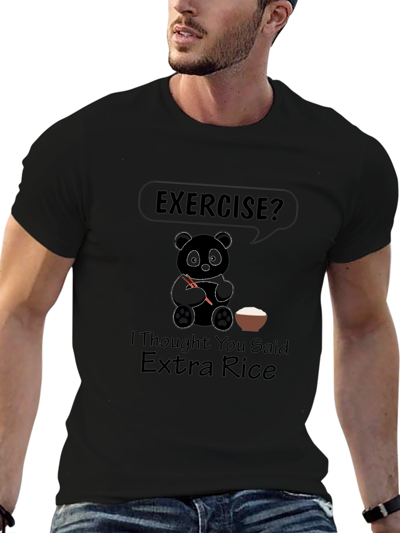 Funny Panda Exercise? Extra Rice Black Graphic T-Shirt