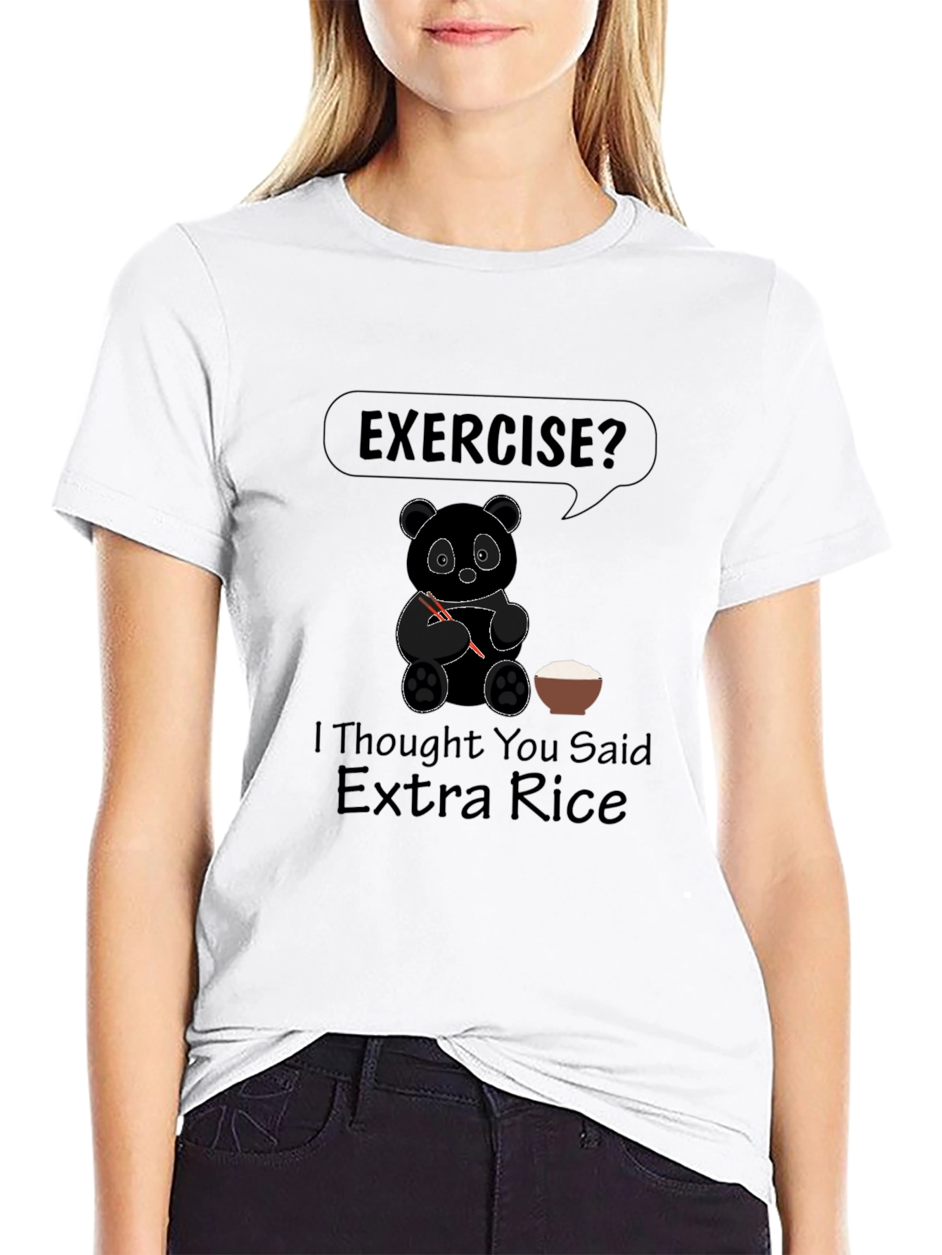 Funny Panda Exercise? Extra Rice Black Graphic T-Shirt