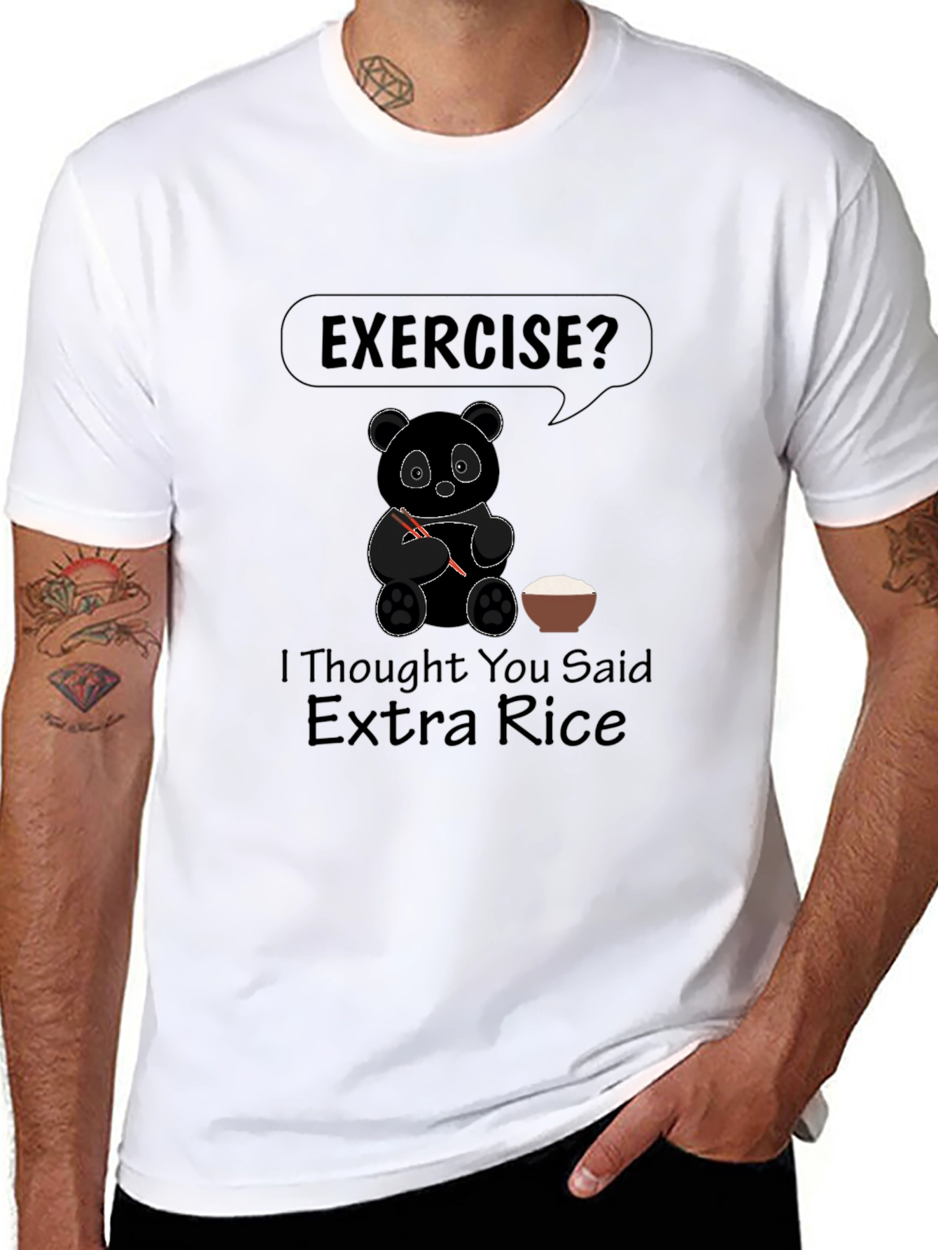 Funny Panda Exercise? Extra Rice Black Graphic T-Shirt