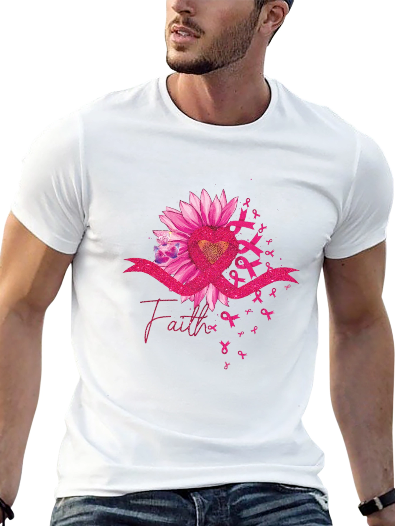 Faith Ribbon Sunflower Breast Cancer Awareness T-Shirt