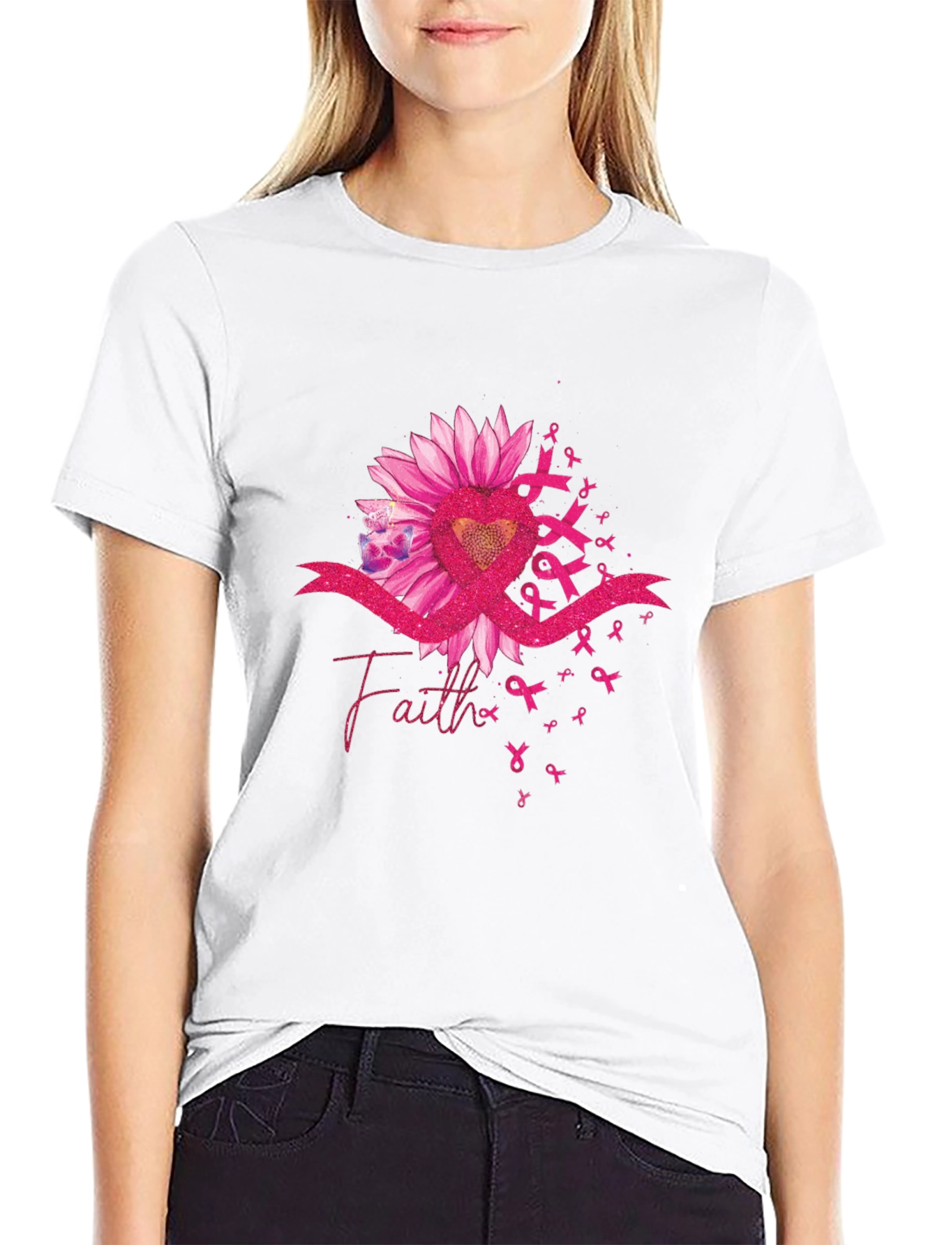 Faith Ribbon Sunflower Breast Cancer Awareness T-Shirt