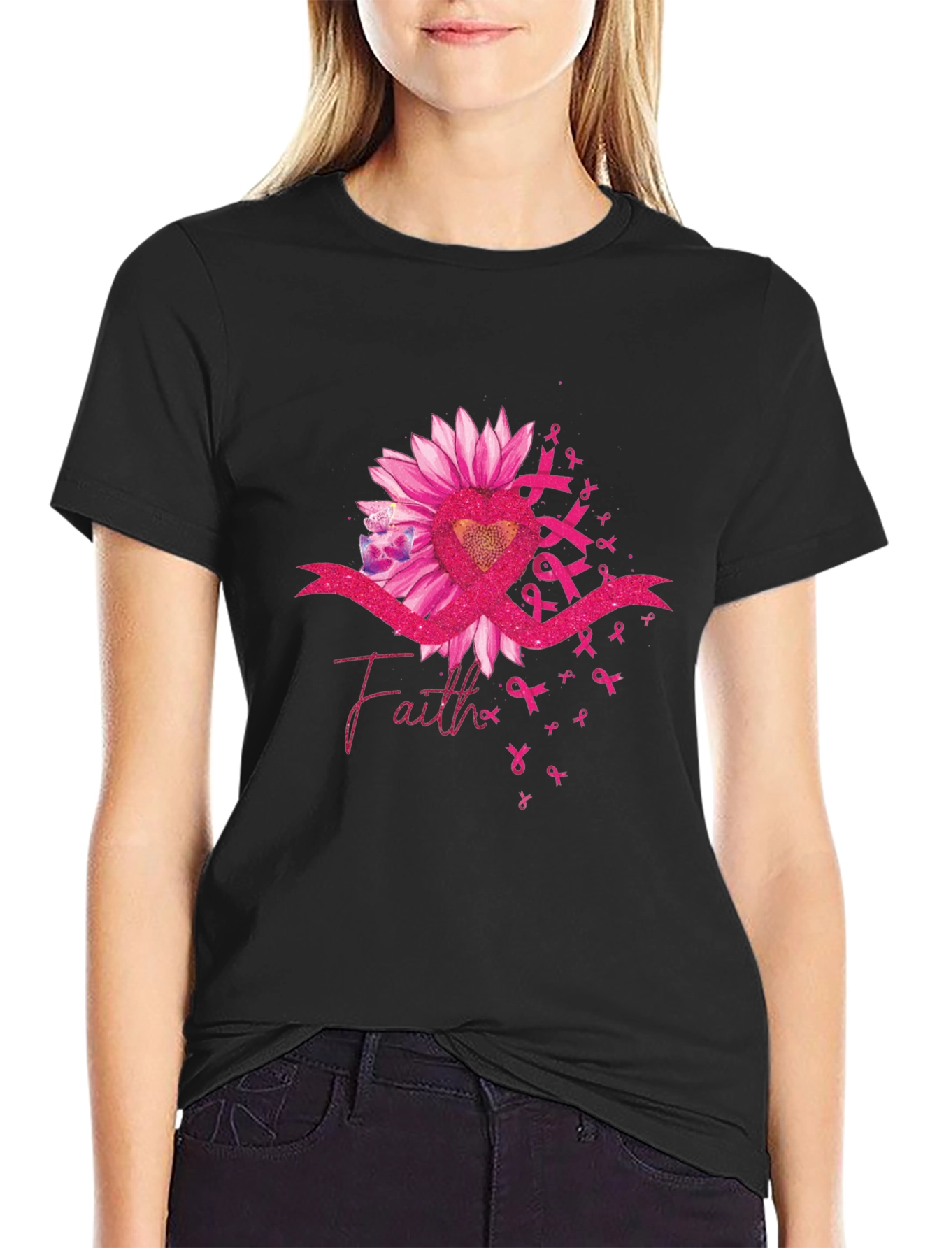Faith Ribbon Sunflower Breast Cancer Awareness T-Shirt