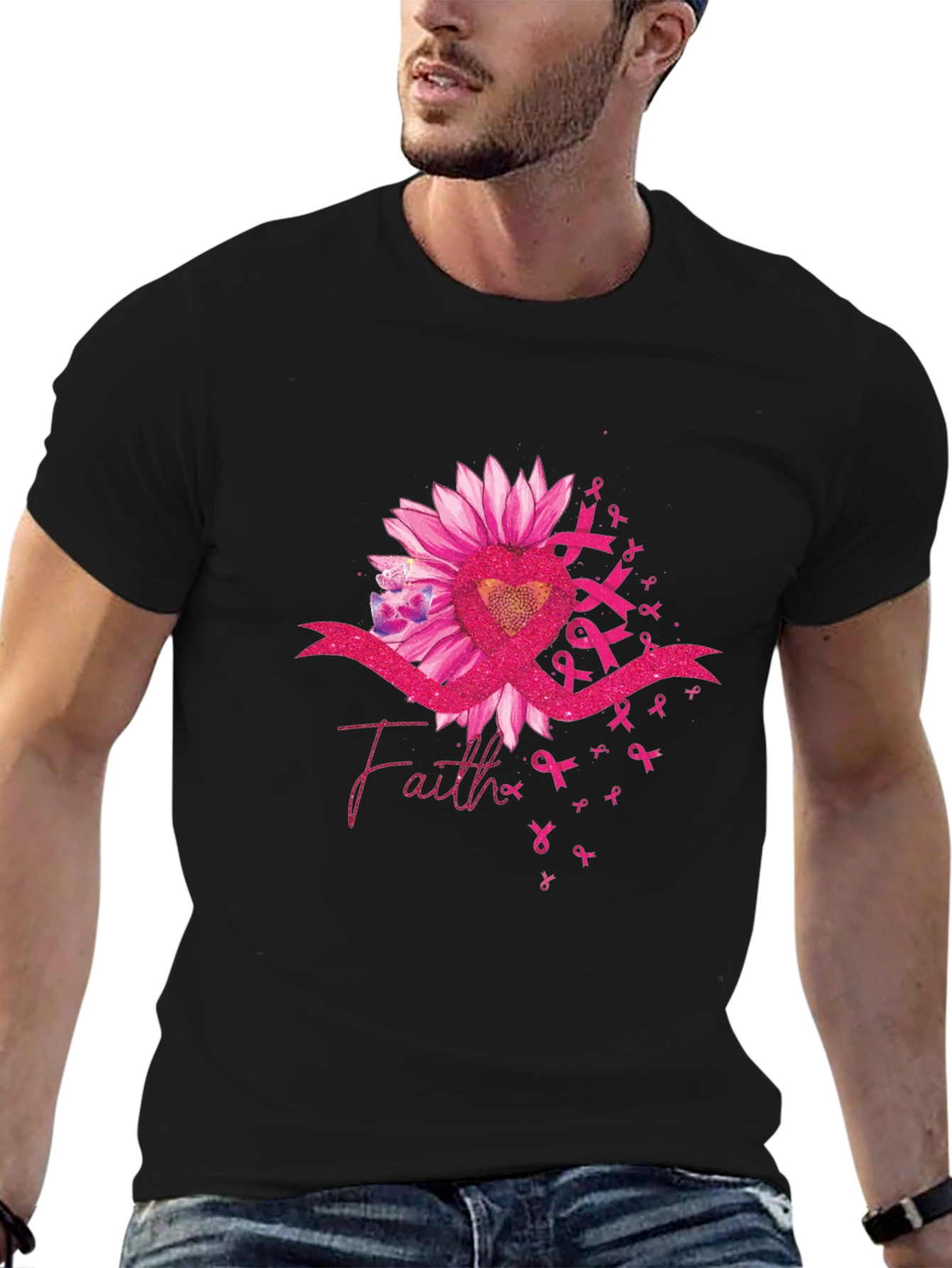 Faith Ribbon Sunflower Breast Cancer Awareness T-Shirt