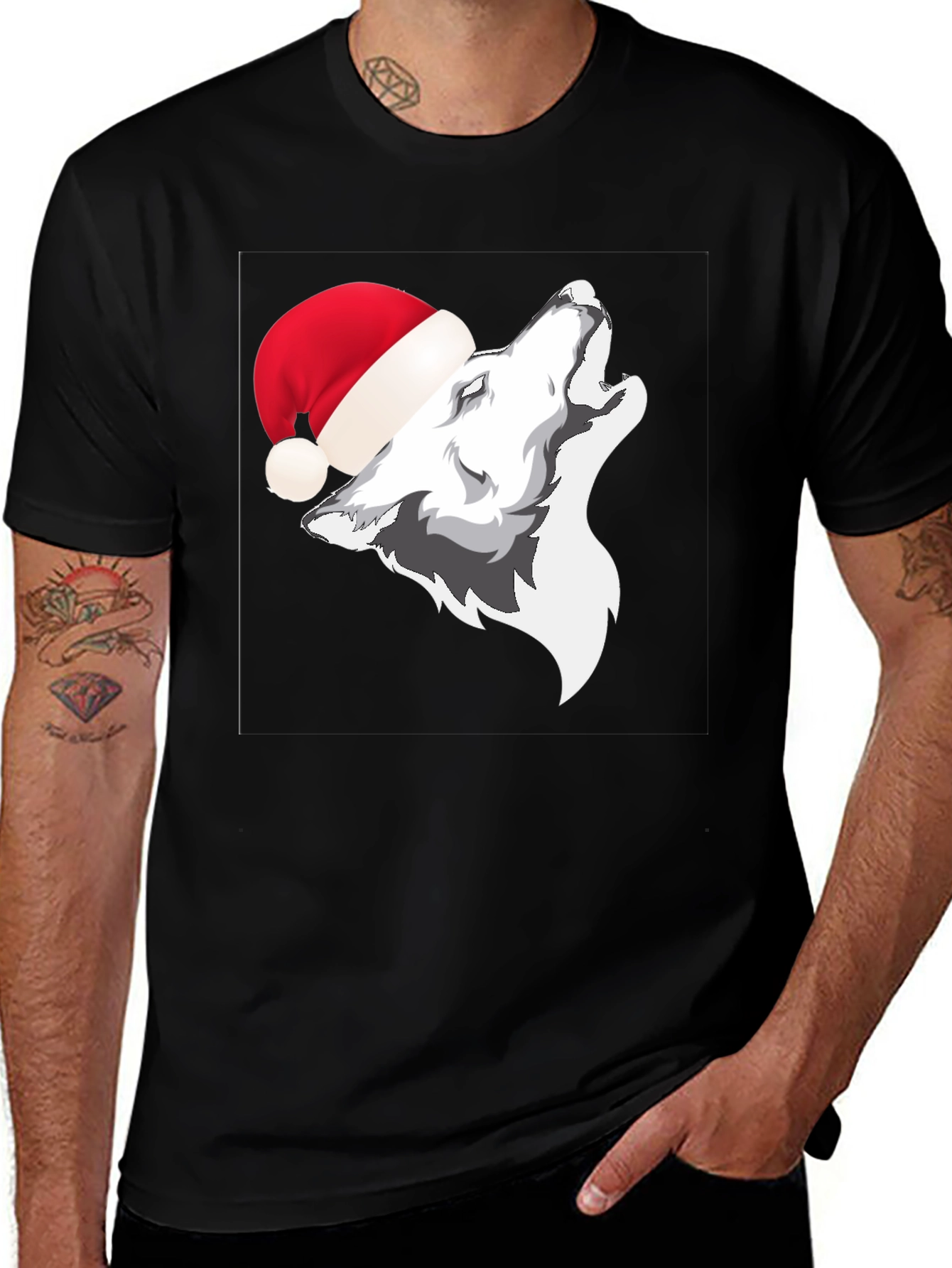 Wolf in Santa Hat Graphic T-Shirt