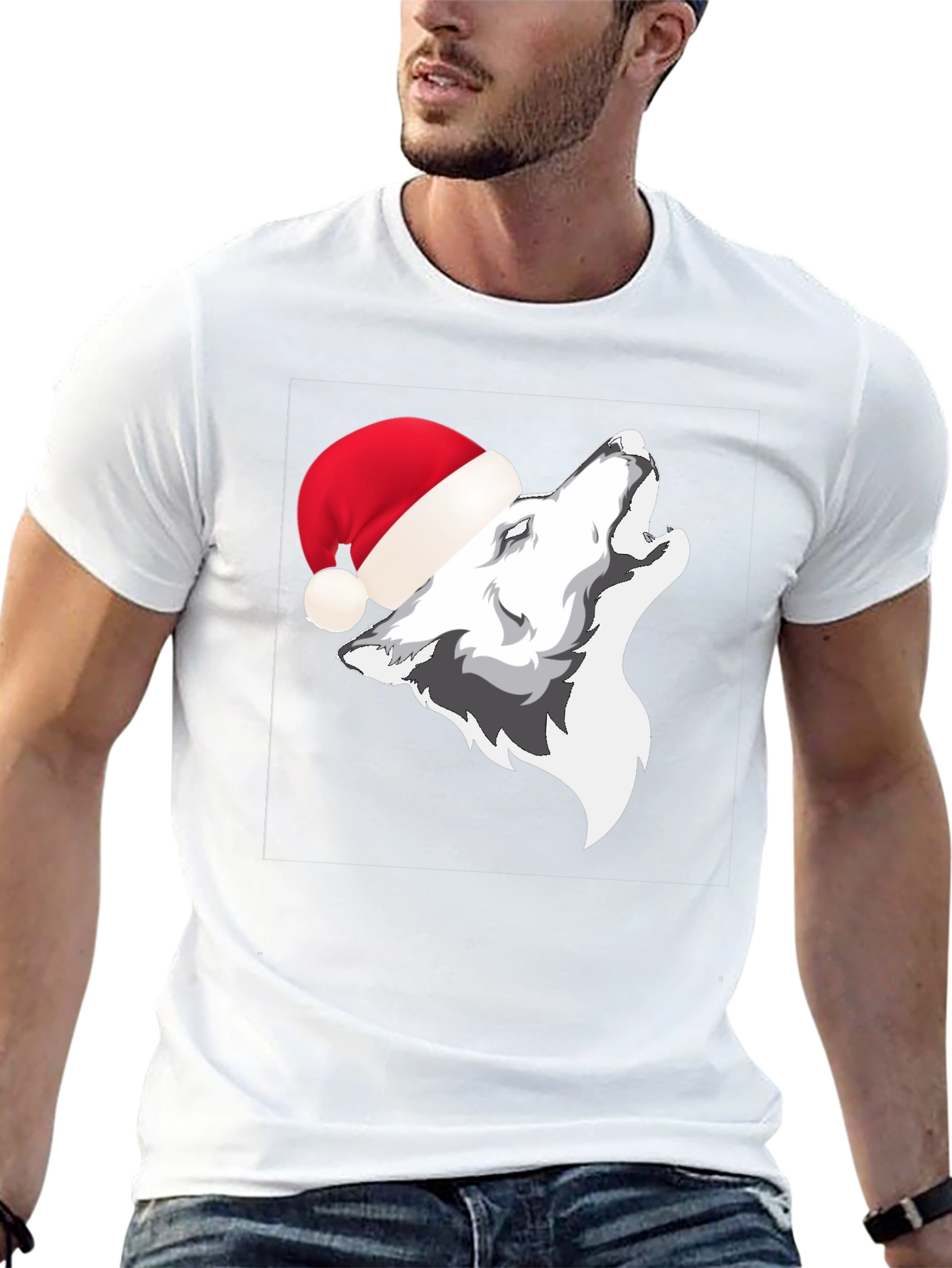 Wolf in Santa Hat Graphic T-Shirt