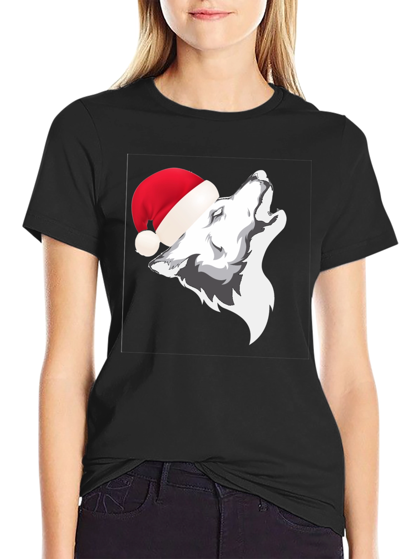 Wolf in Santa Hat Graphic T-Shirt