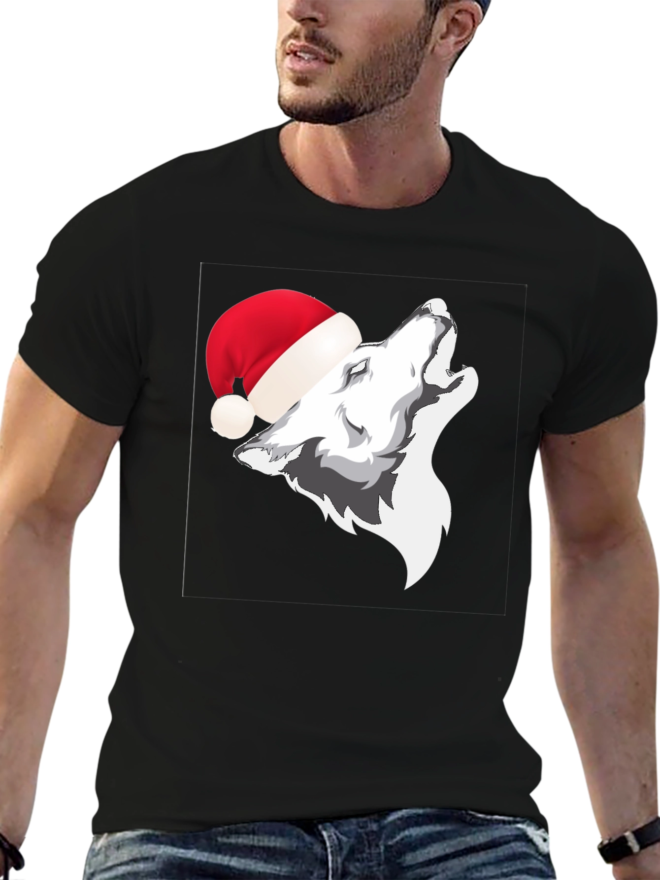 Wolf in Santa Hat Graphic T-Shirt