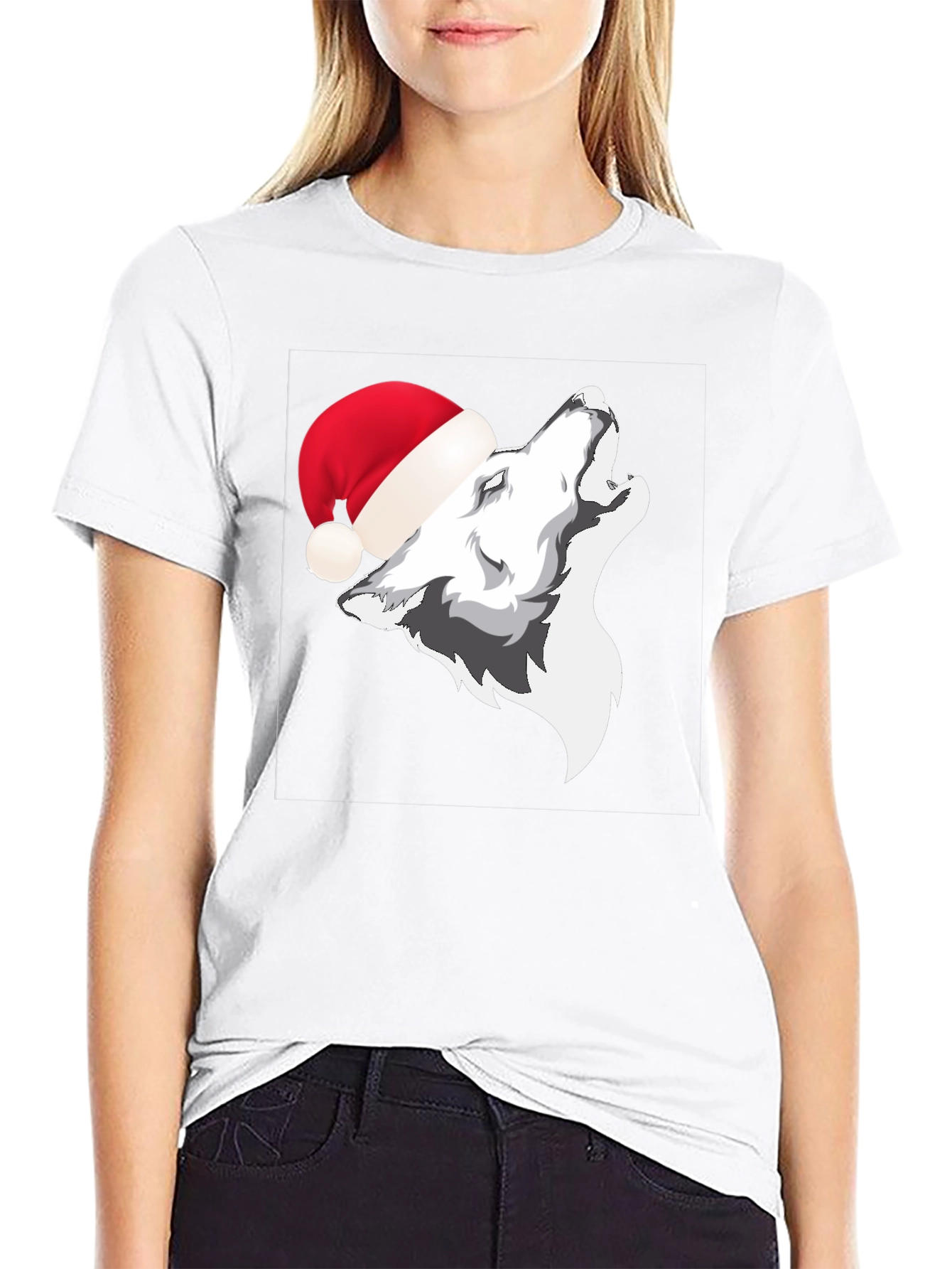 Wolf in Santa Hat Graphic T-Shirt