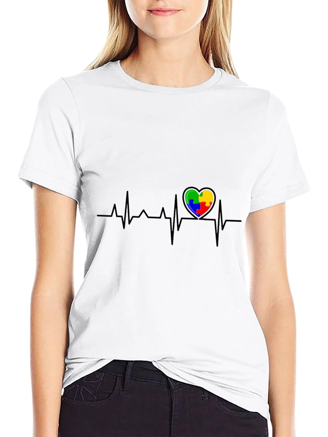 Autism Awareness Heartbeat T-Shirt - Puzzle Piece Design