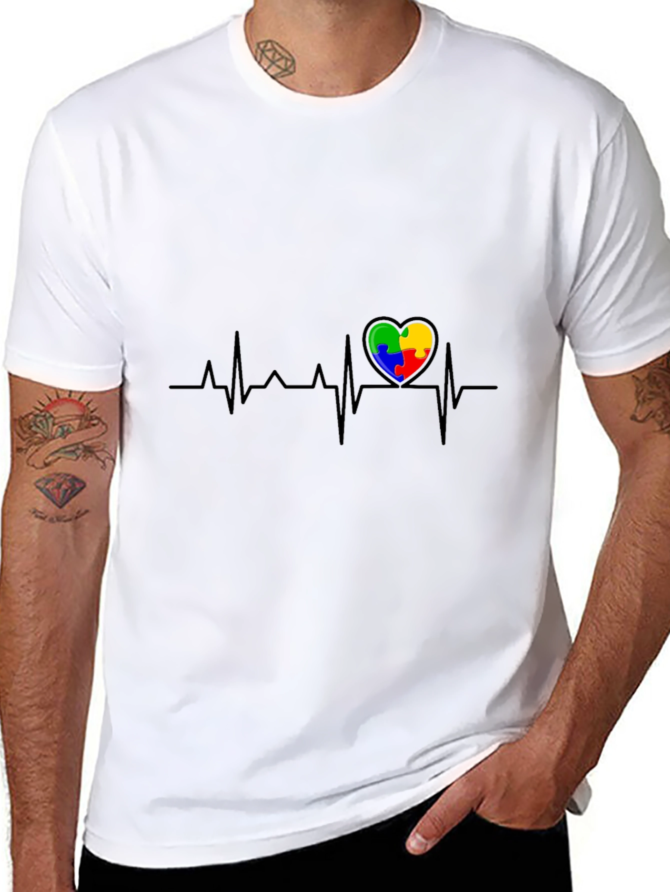 Autism Awareness Heartbeat T-Shirt - Puzzle Piece Design