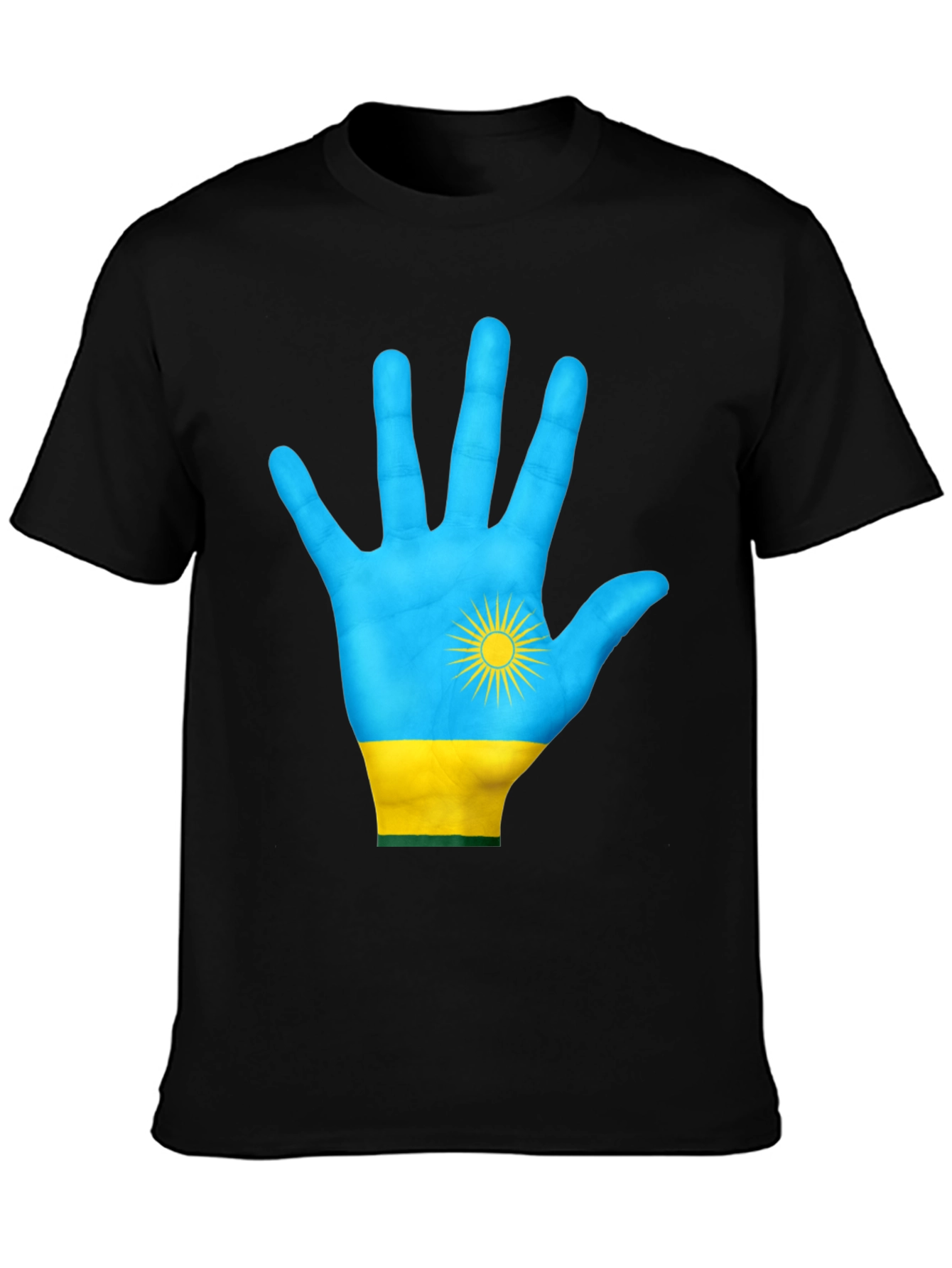 Rwanda Flag Hand Graphic Tee - Black Cotton T-Shirt