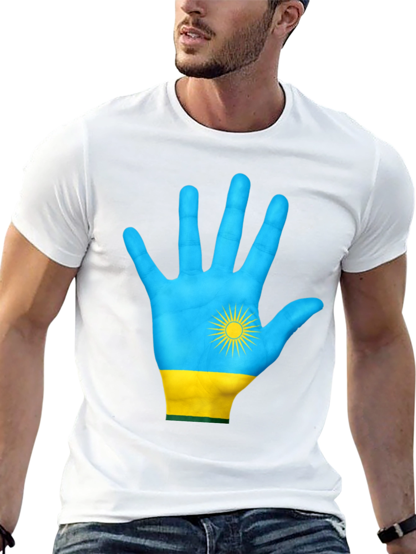 Rwanda Flag Hand Graphic Tee - Black Cotton T-Shirt