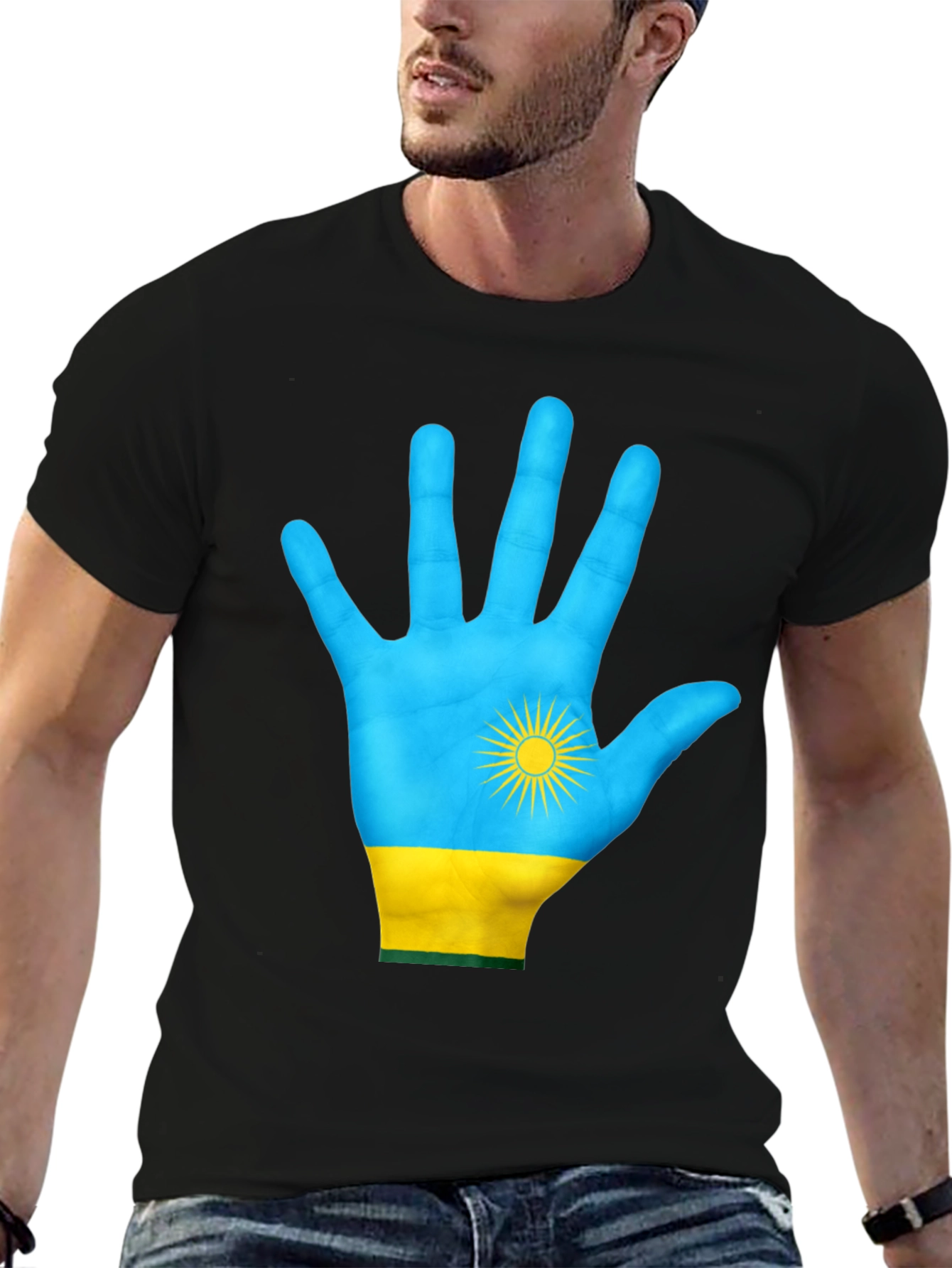 Rwanda Flag Hand Graphic Tee - Black Cotton T-Shirt