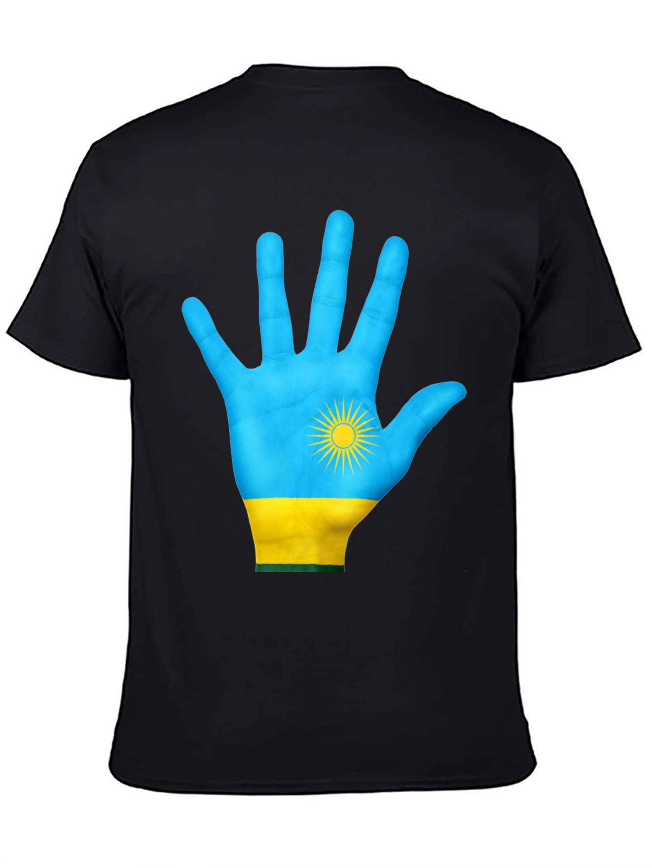 Rwanda Flag Hand Graphic Tee - Black Cotton T-Shirt