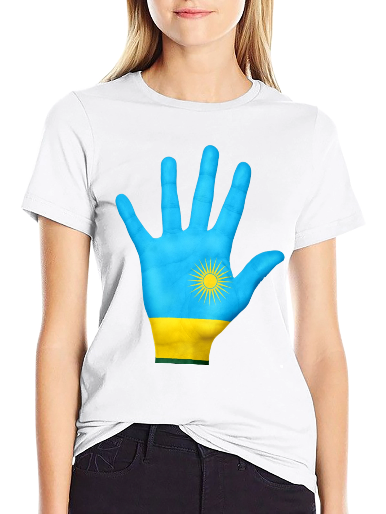Rwanda Flag Hand Graphic Tee - Black Cotton T-Shirt