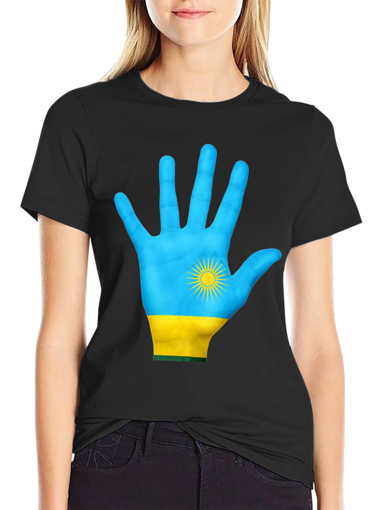 Rwanda Flag Hand Graphic Tee - Black Cotton T-Shirt