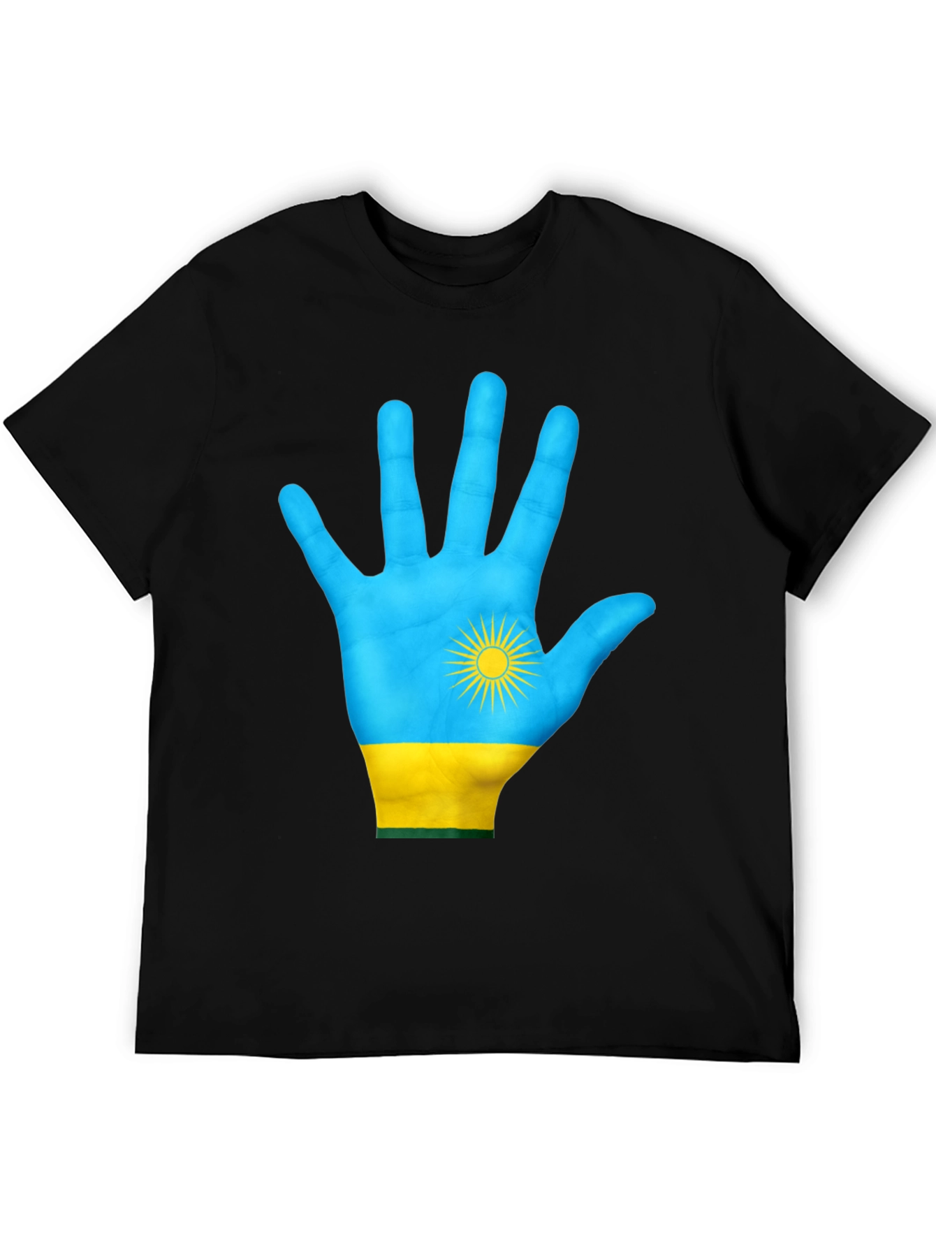 Rwanda Flag Hand Graphic Tee - Black Cotton T-Shirt