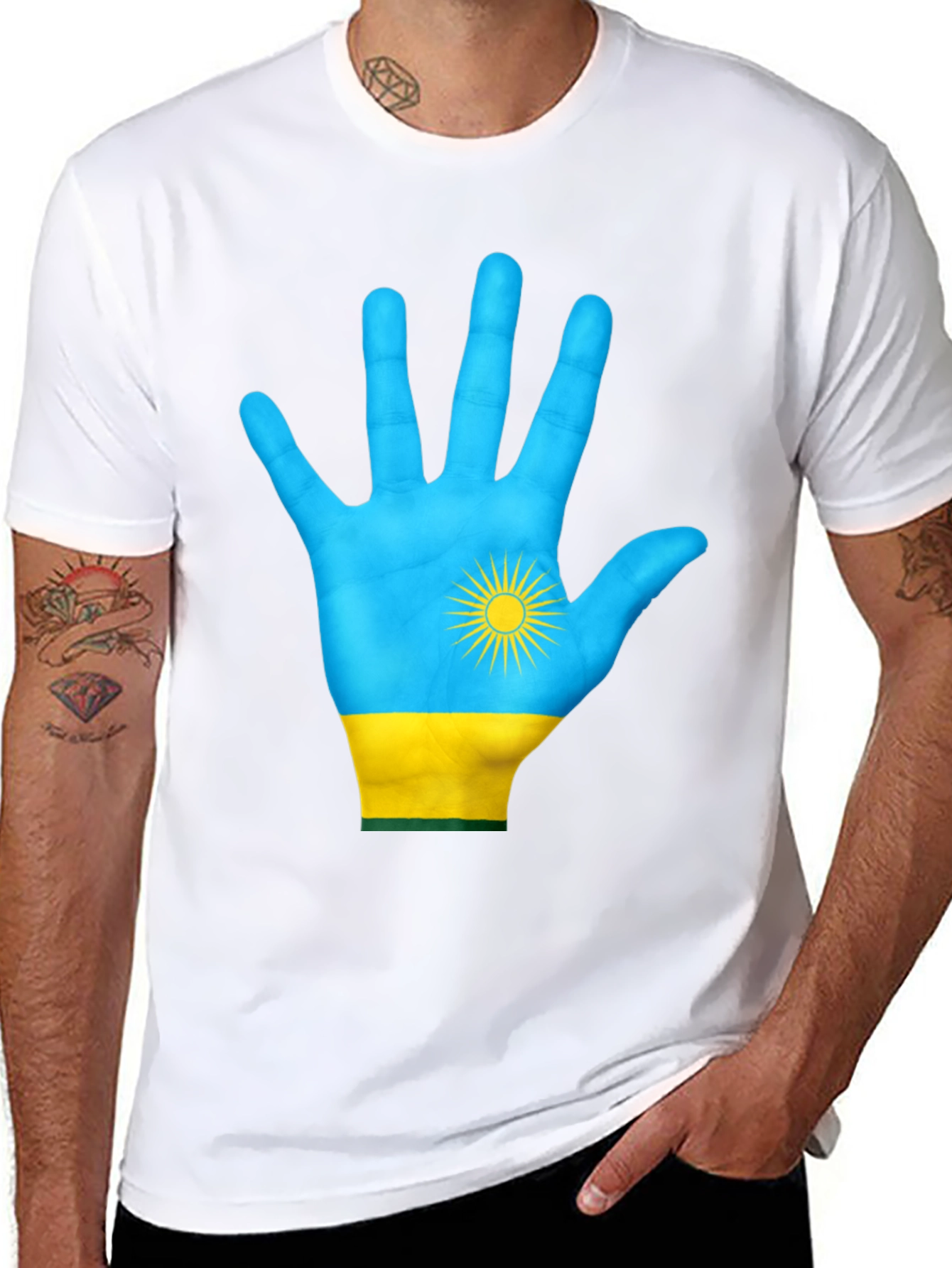 Rwanda Flag Hand Graphic Tee - Black Cotton T-Shirt