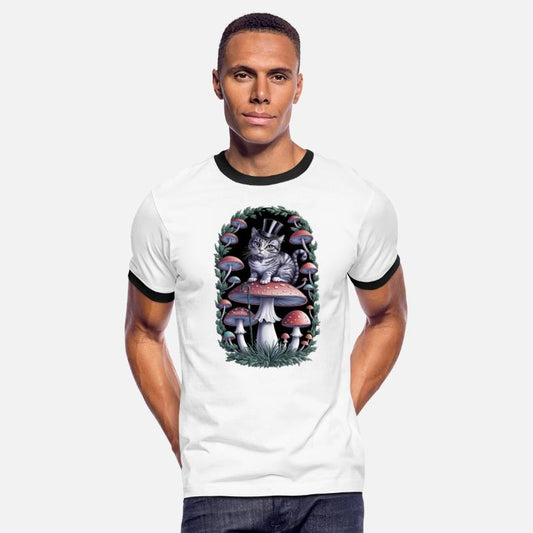 Gentleman cat hatter sitting on mushroom, black