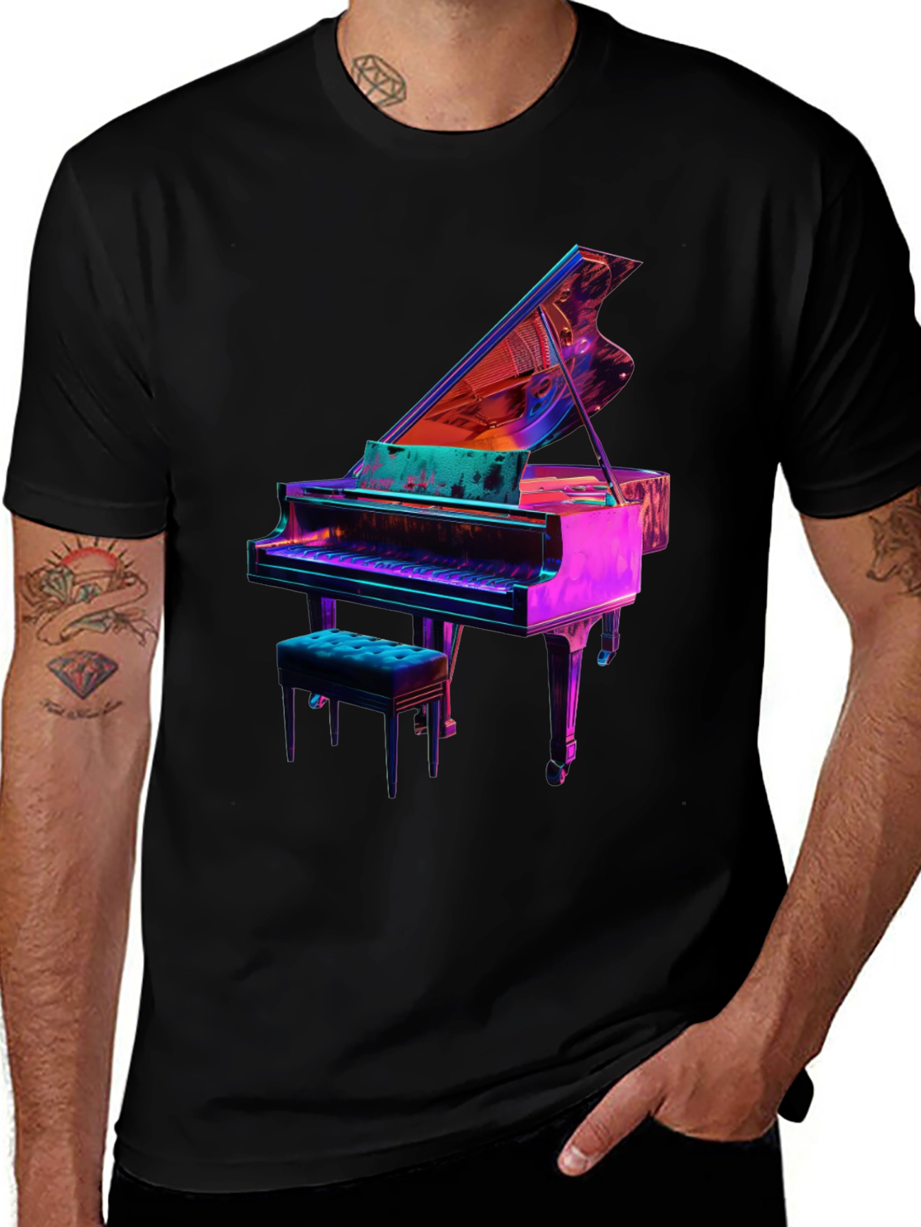 Piano Graphic Tee - Unique Neon Design