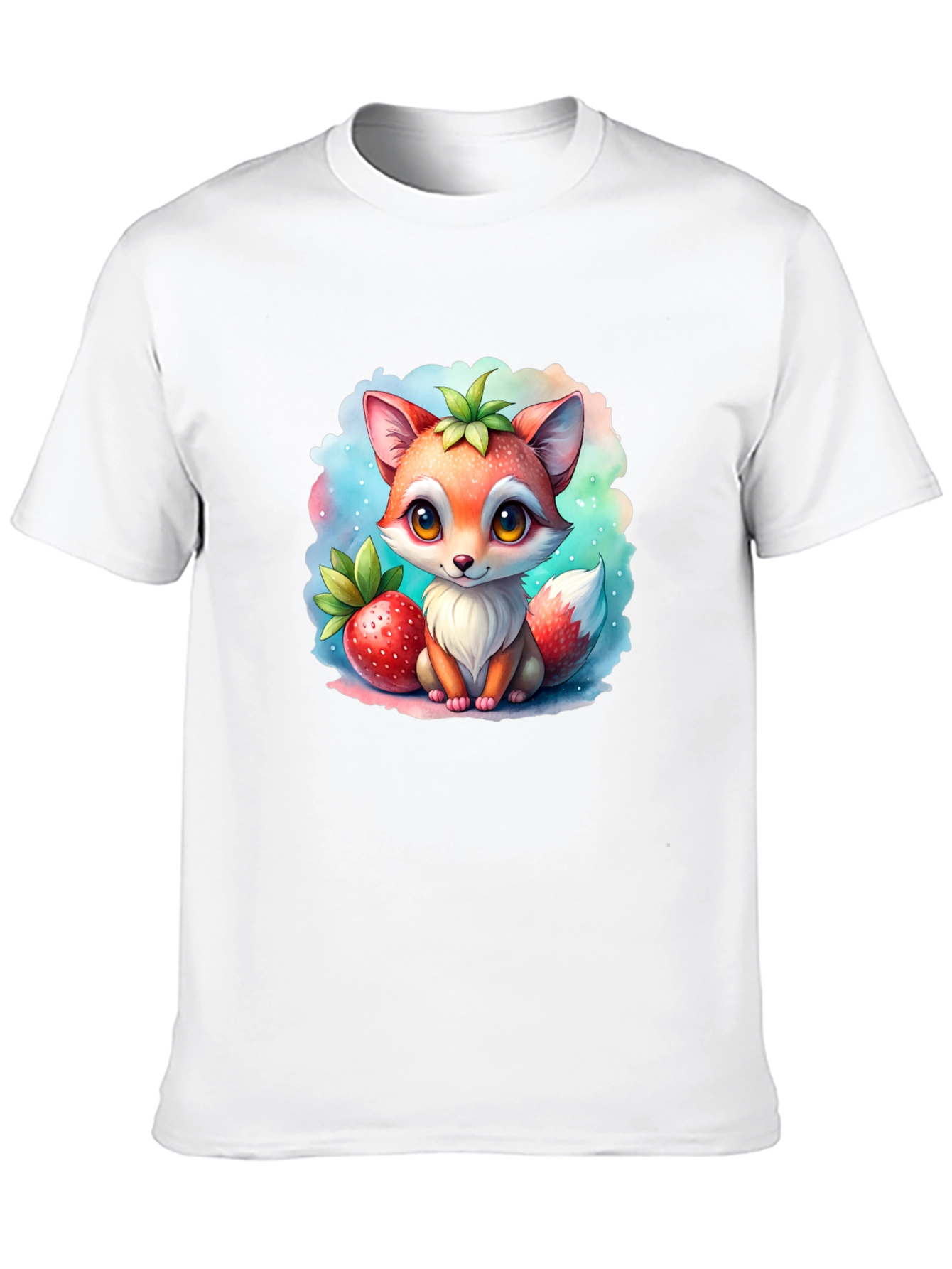 Cute Cartoon Fox & Strawberry Black T-Shirt